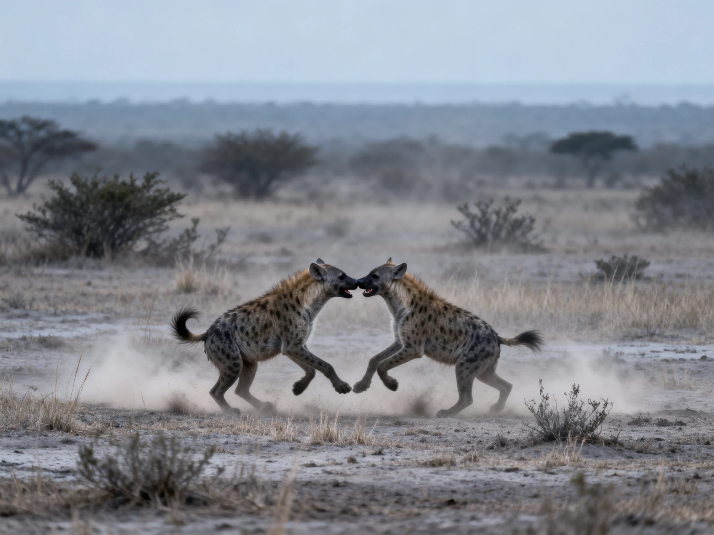 Two spotted hyenas sparring in a dusty savannah landscape