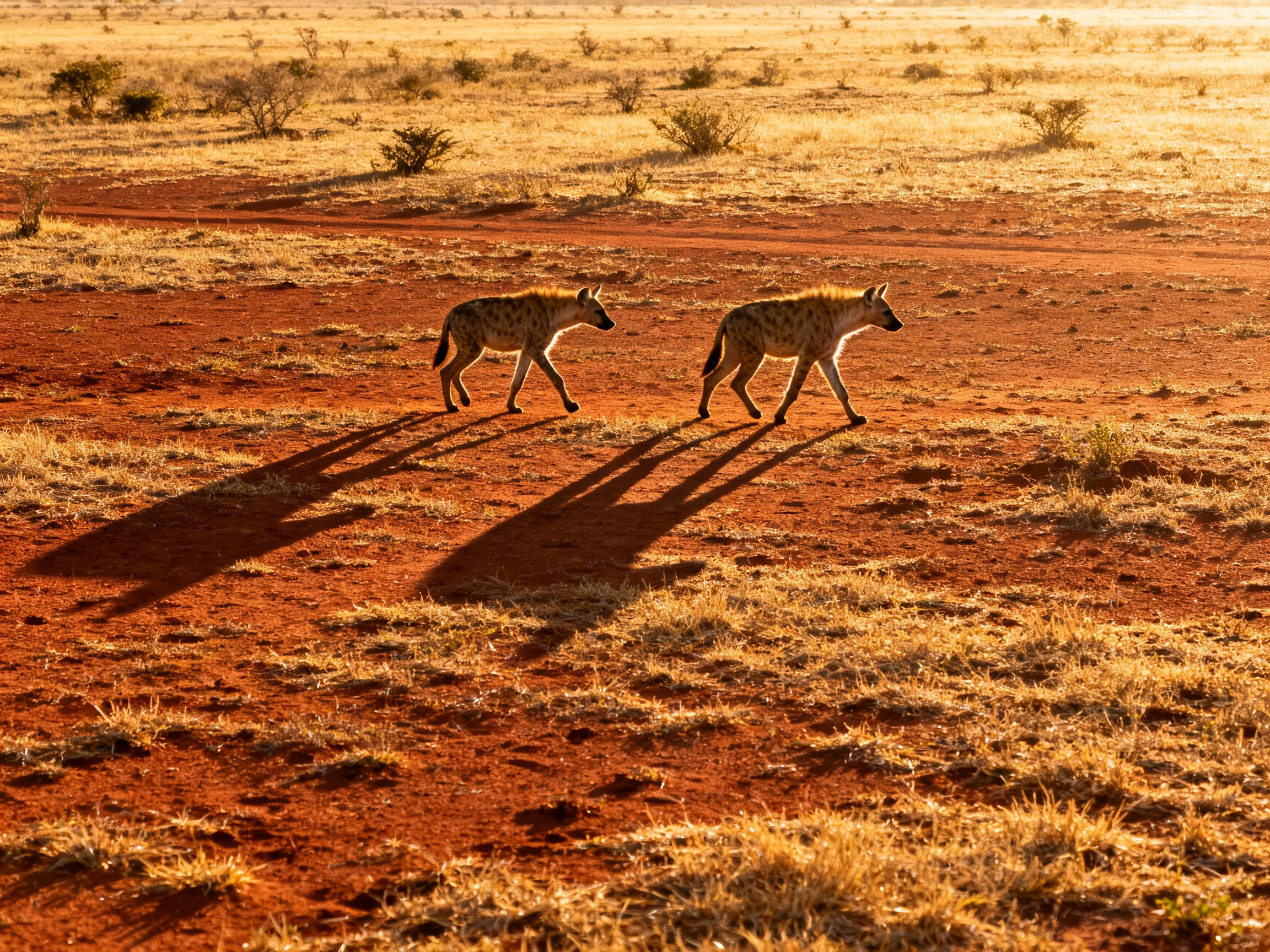 Two spotted hyenas traverse a golden-red savannah landscape