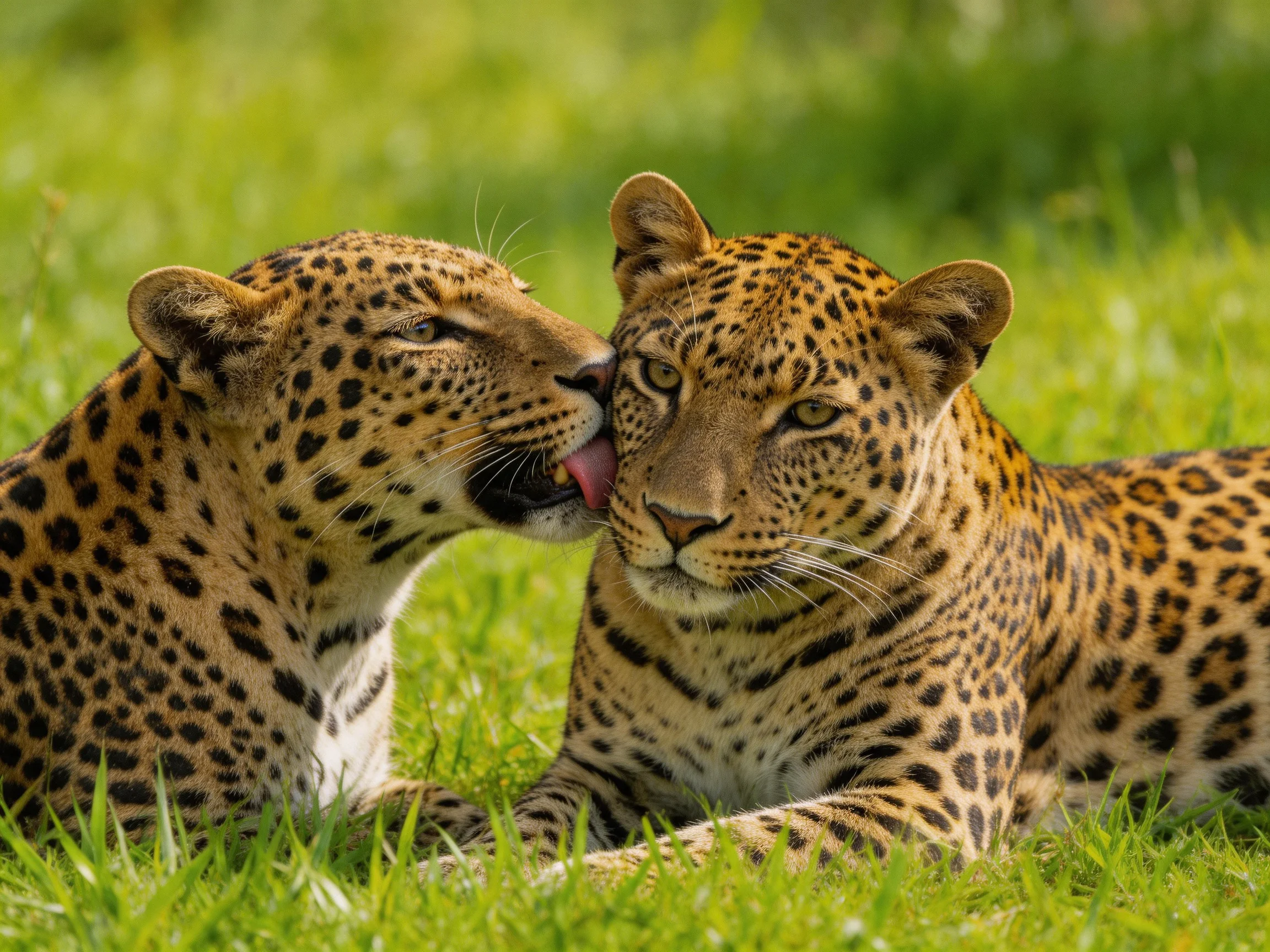 Two spotted leopards interact in lush green grass