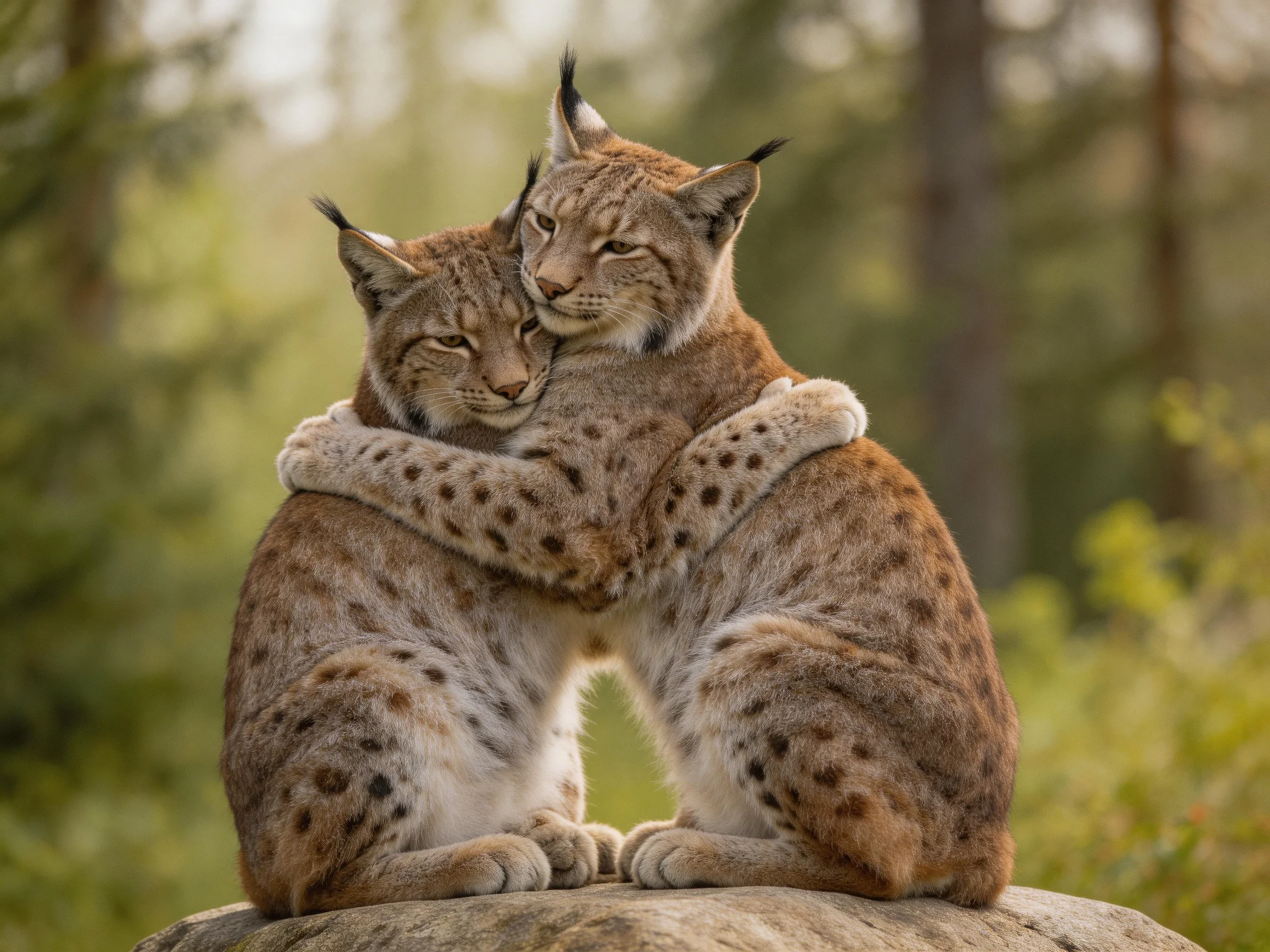 Two spotted lynxes cuddle on a large rock in a forested setting