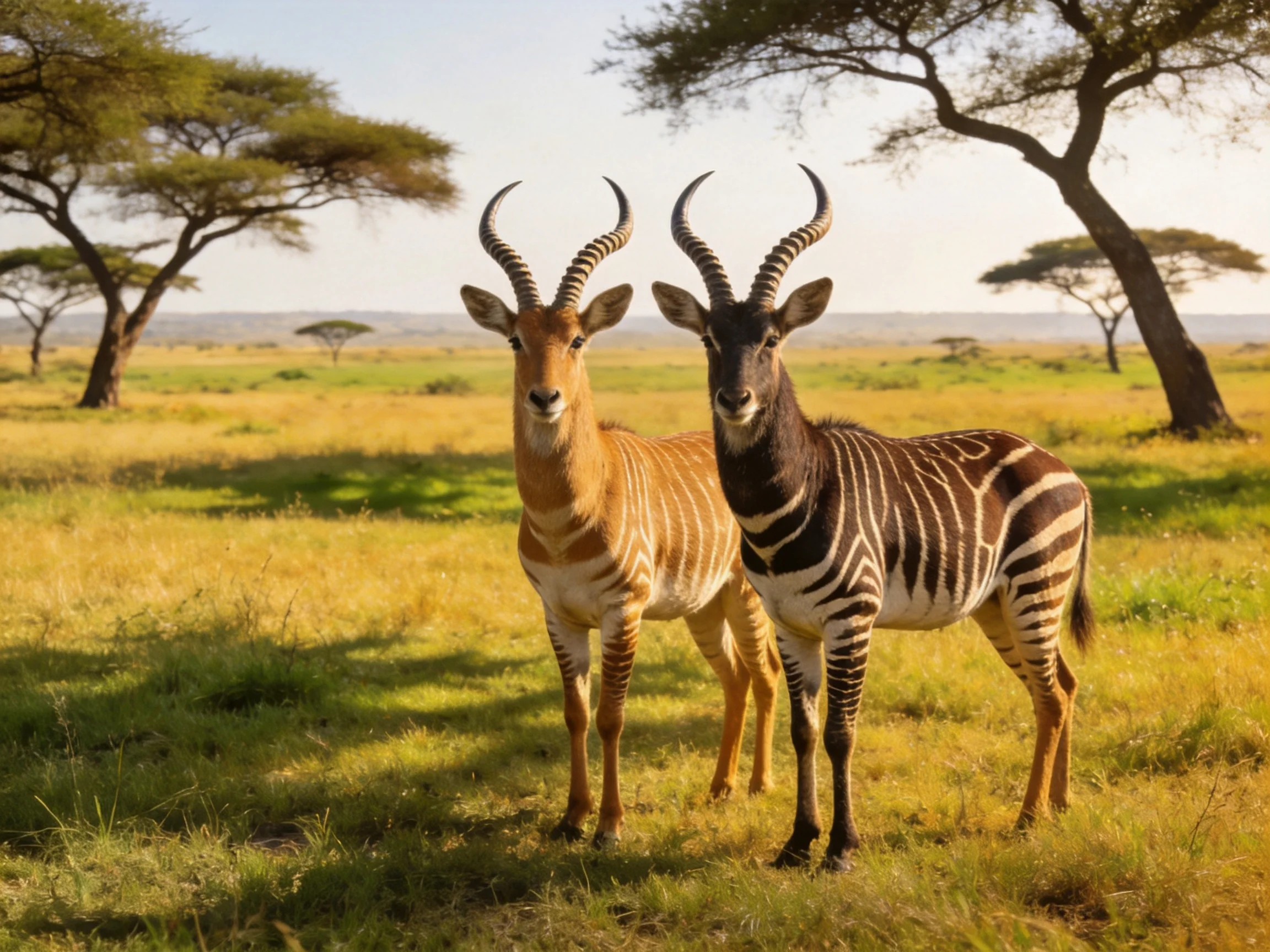 Two striped antelopes in a sunlit savannah with acacia trees