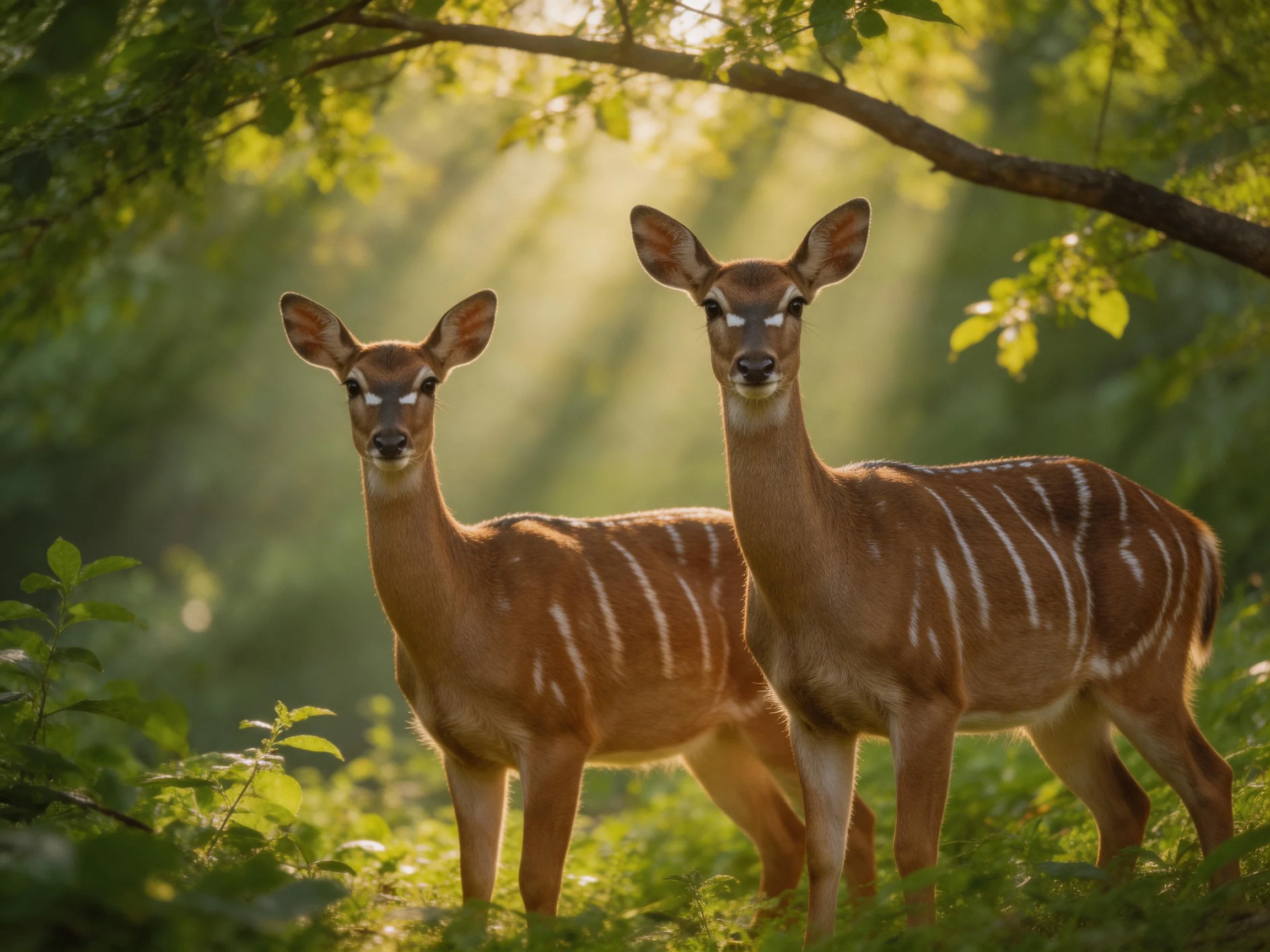 Two striped antelopes stand together in a sunlit forest with abundant greenery