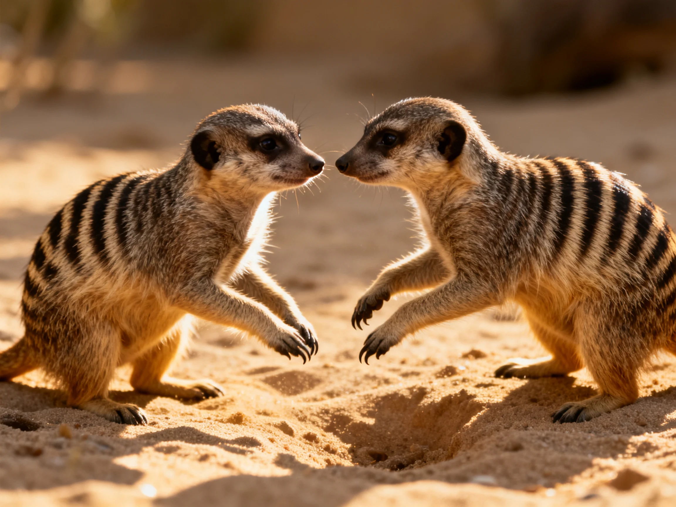 Two striped meerkats face each other on sandy ground