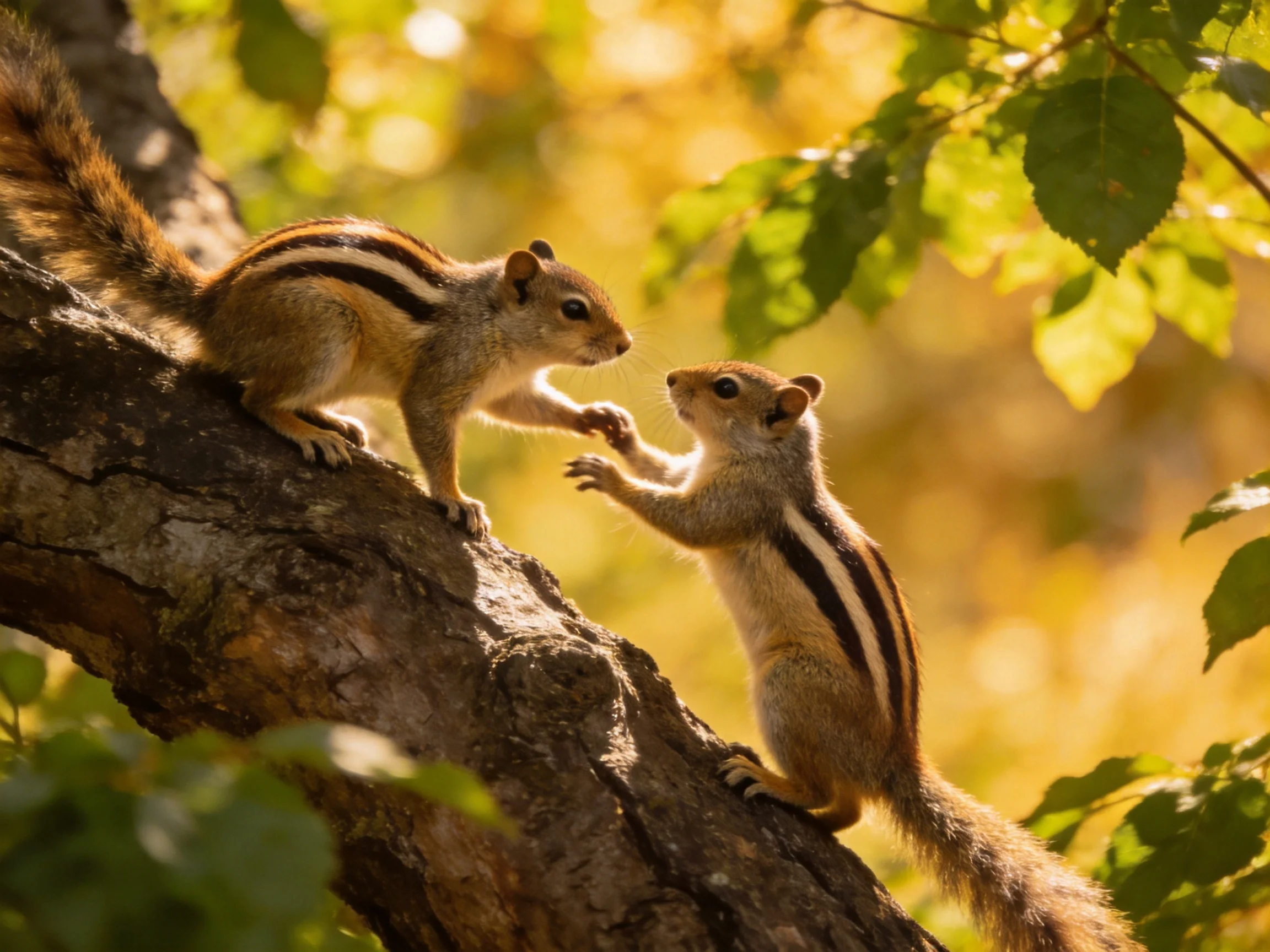 Two striped squirrels interact on a gnarled tree branch amid golden foliage