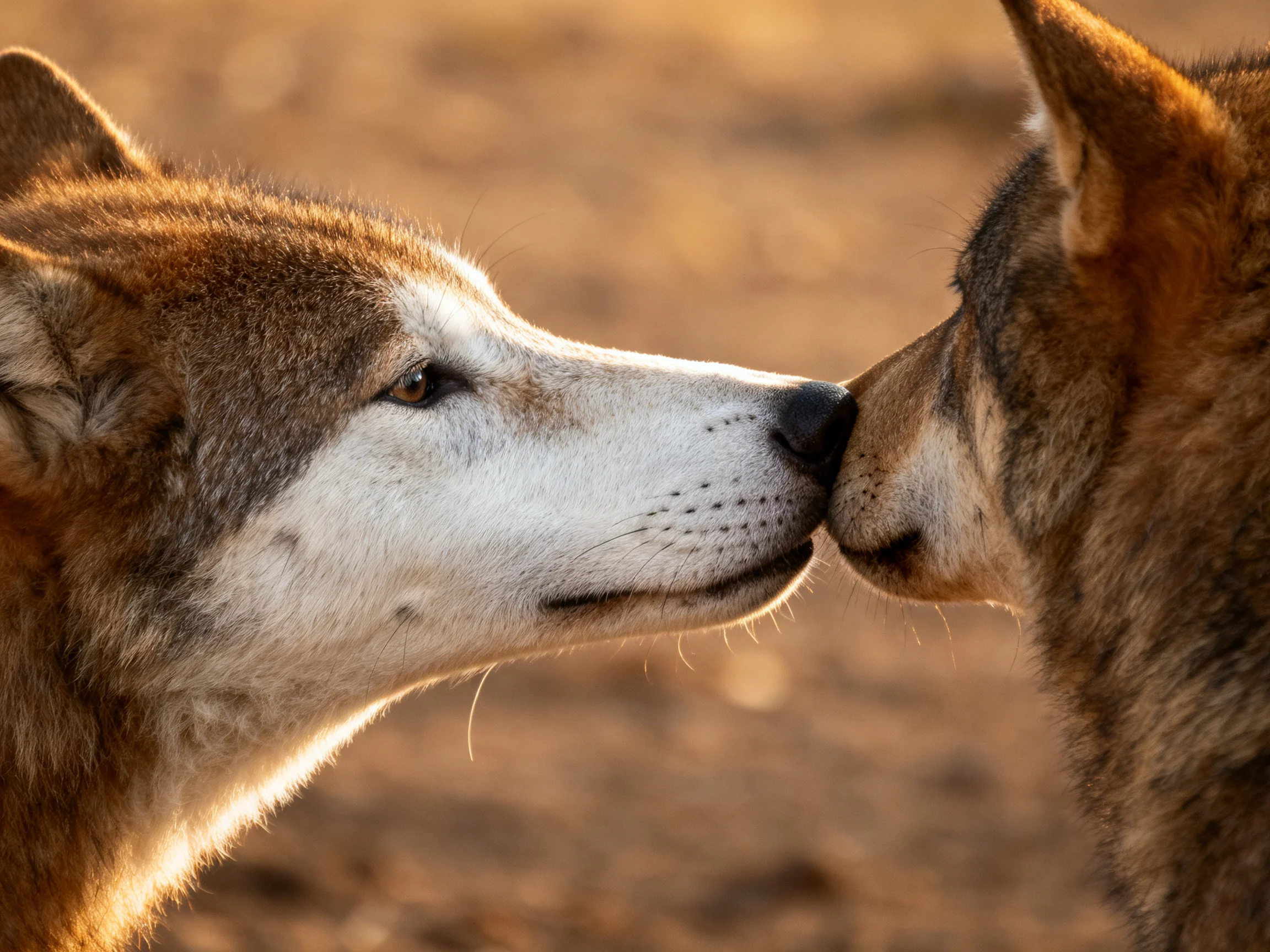 Two tan and white canines nuzzling closely in warm earth tones