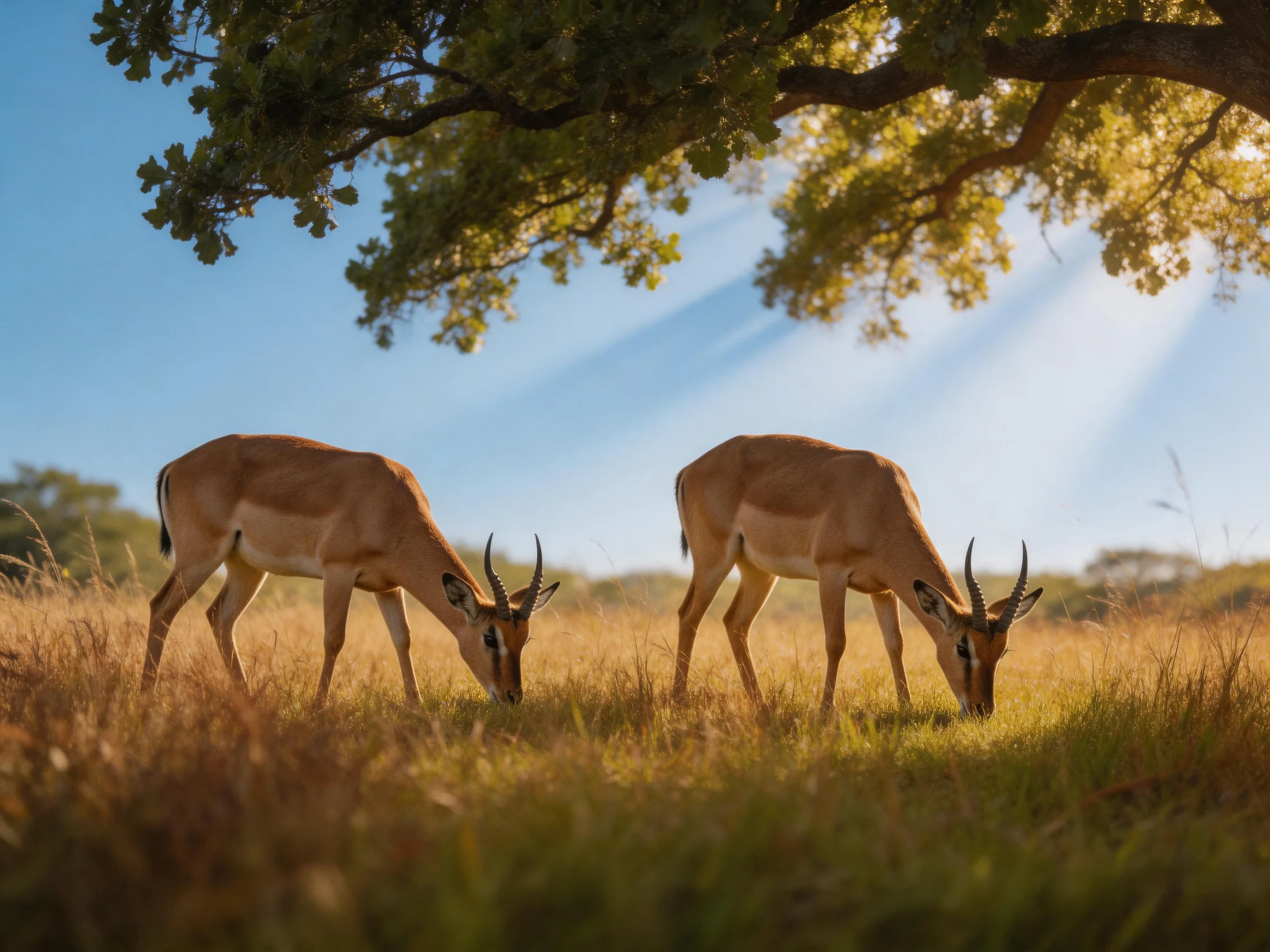 Two tan antelopes graze in golden savannah near a leafy tree.