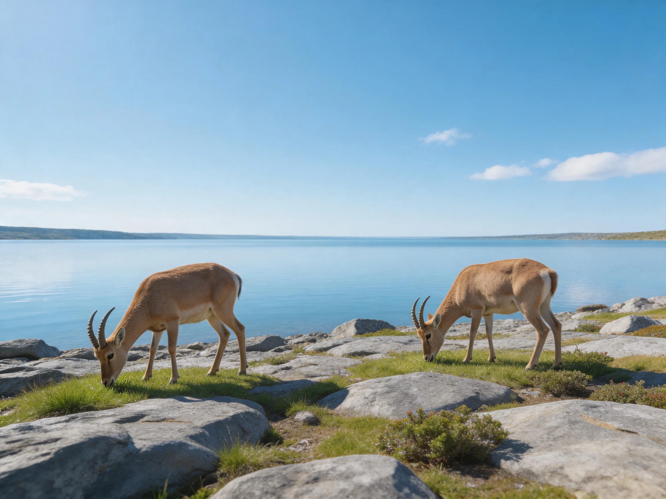 Two tan antelopes graze near a calm blue lake with rocky terrain