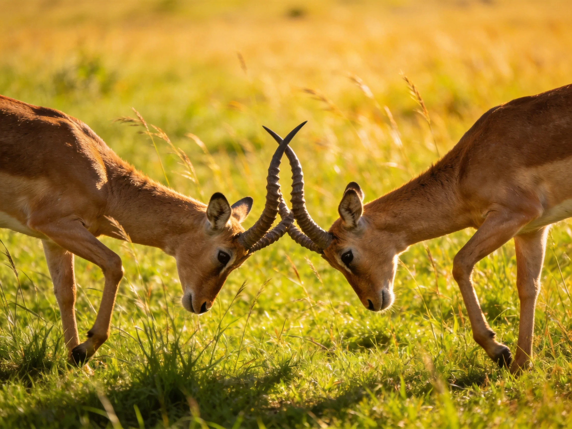 Two tan antelopes lock curved horns in a sunlit grassy field