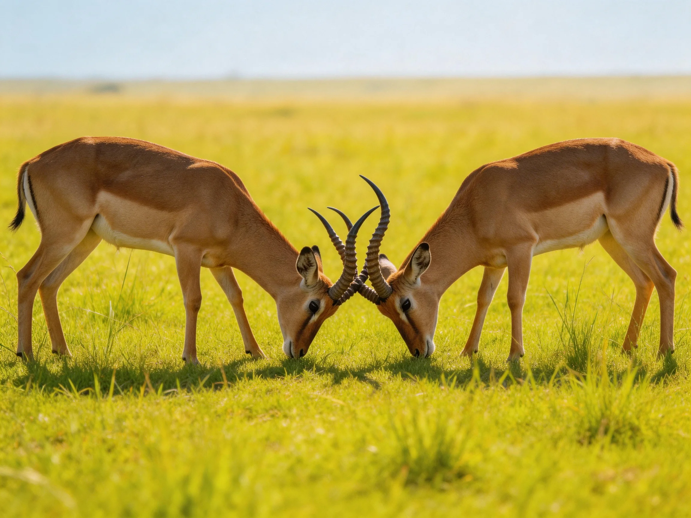 Two tan antelopes lock horns in a sunlit grassland