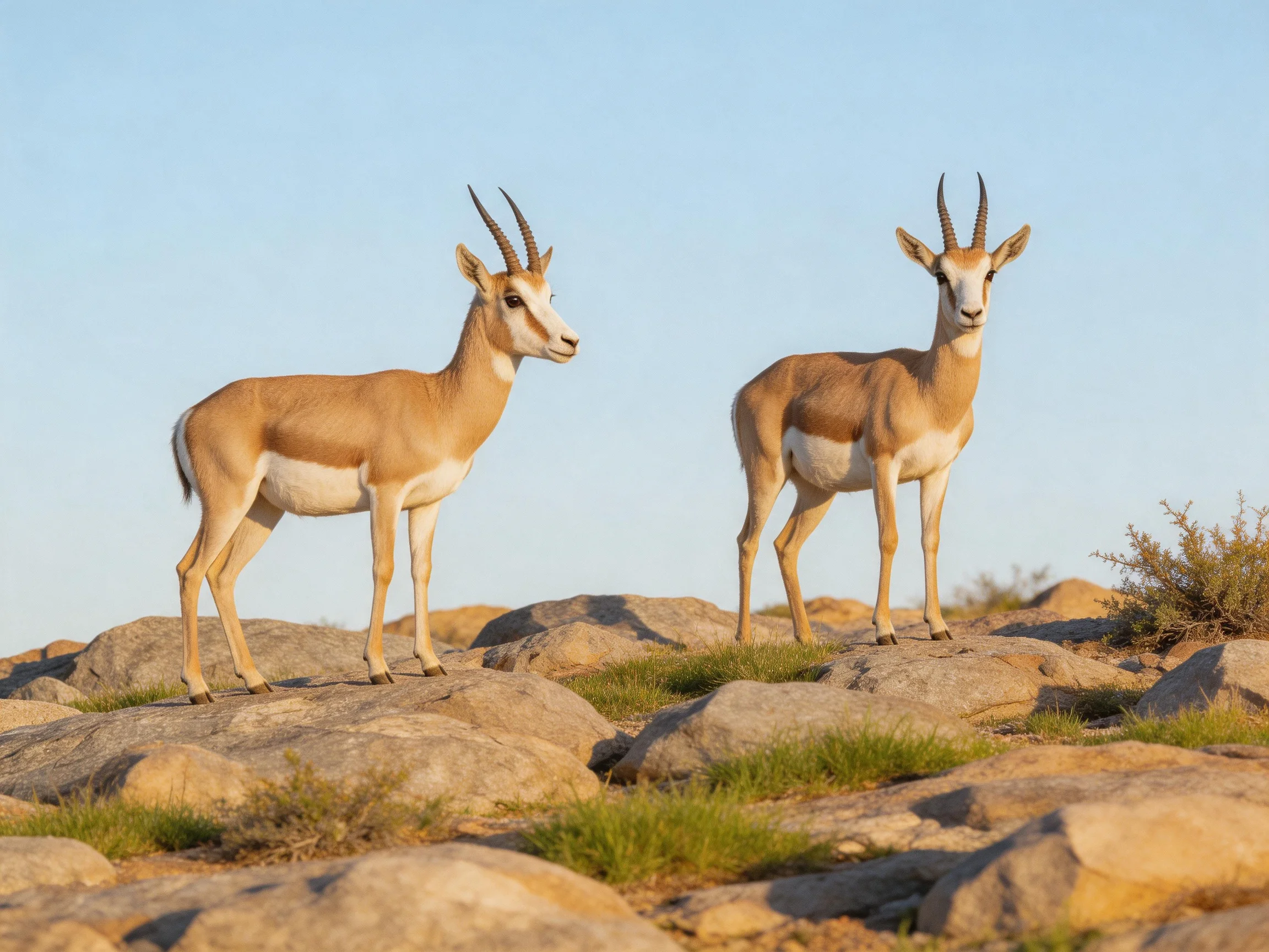 Two tan antelopes stand on rocky terrain in a sunlit open area.