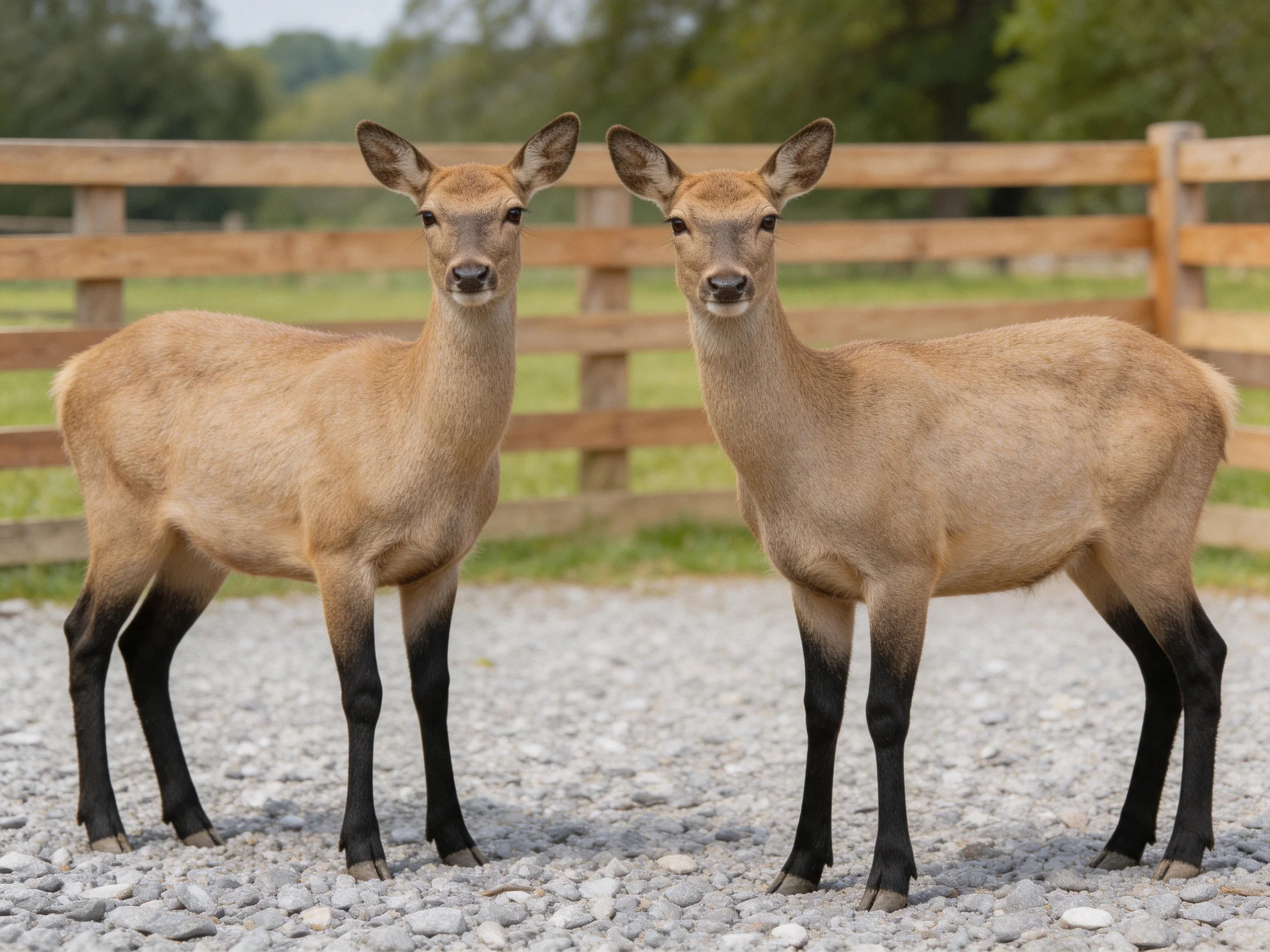 Two tan deer with black legs on gravel near a wooden fence