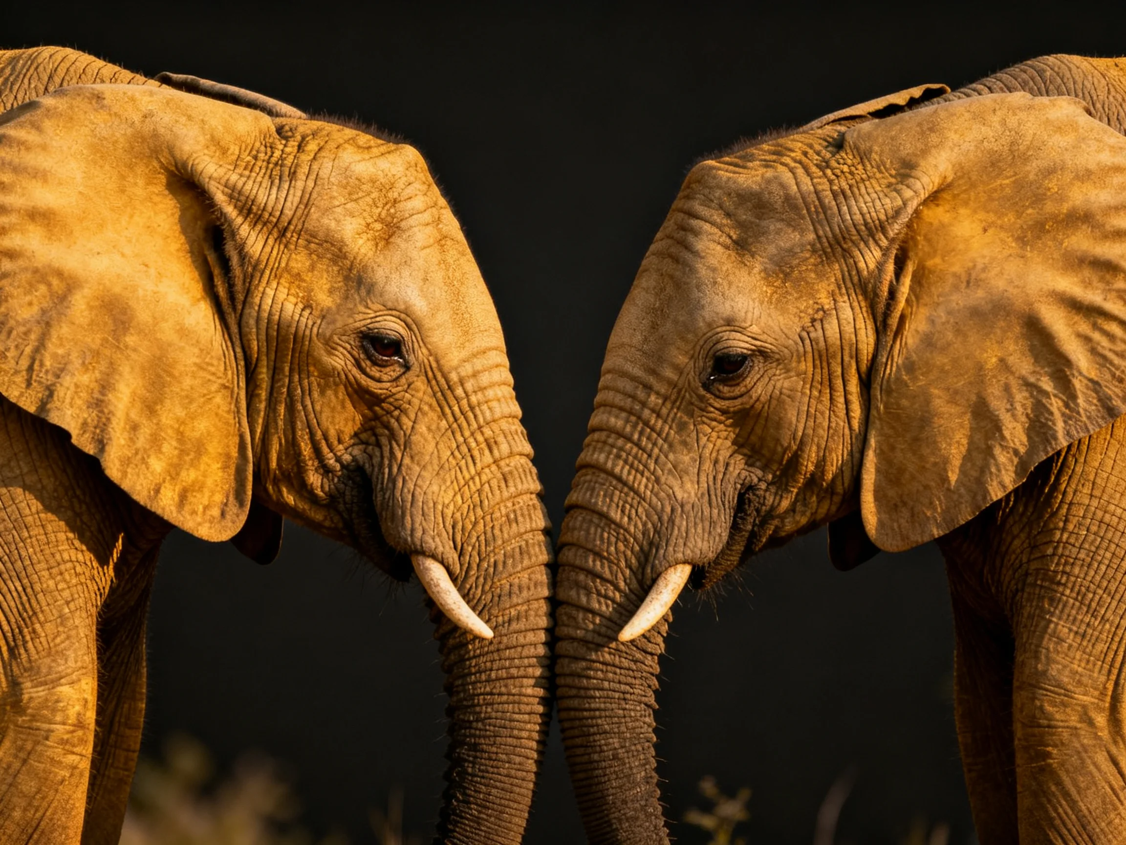Two tan elephants face each other with trunks nearly touching