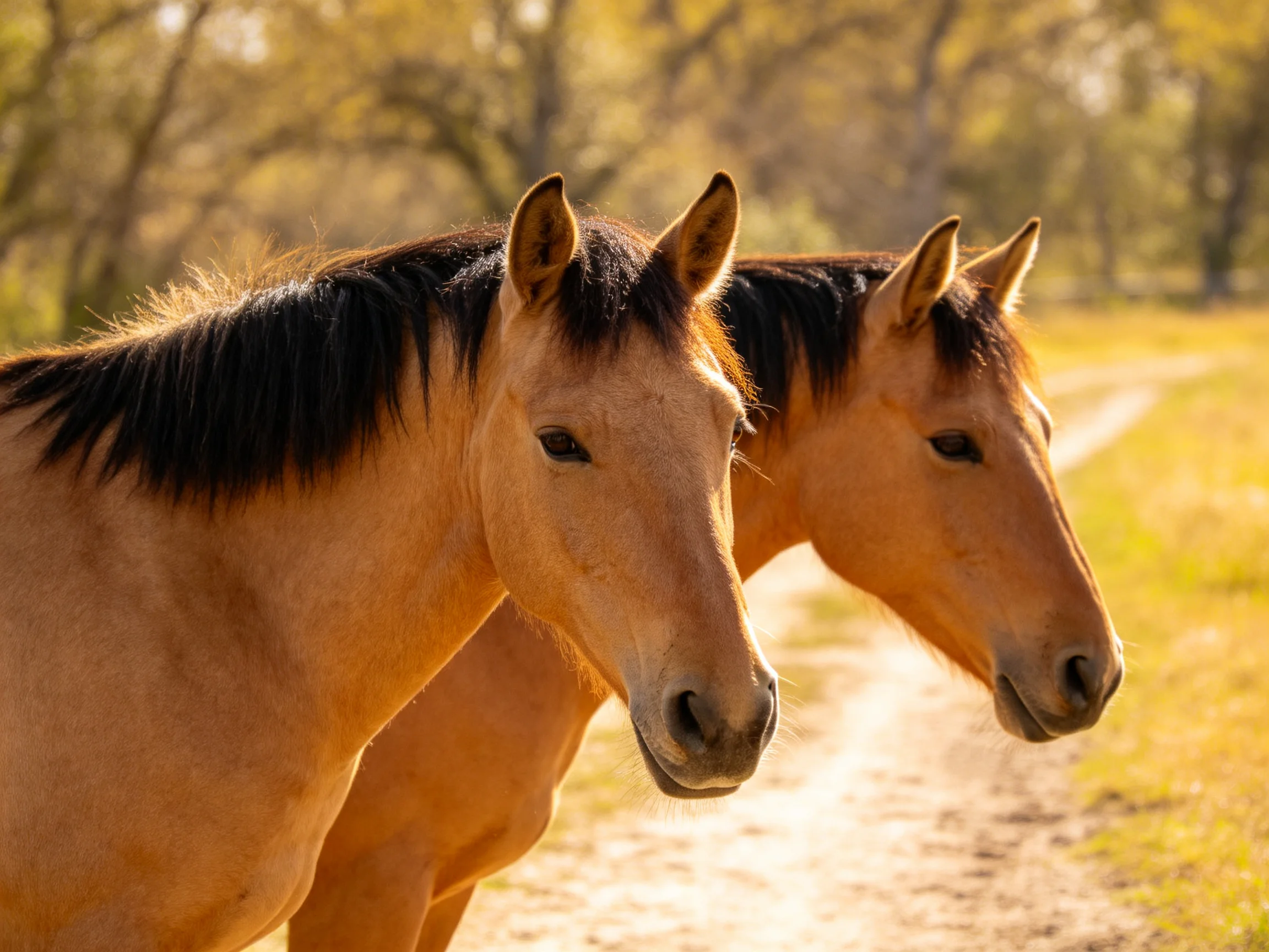 Two tan horses with dark manes near a sunlit dirt path