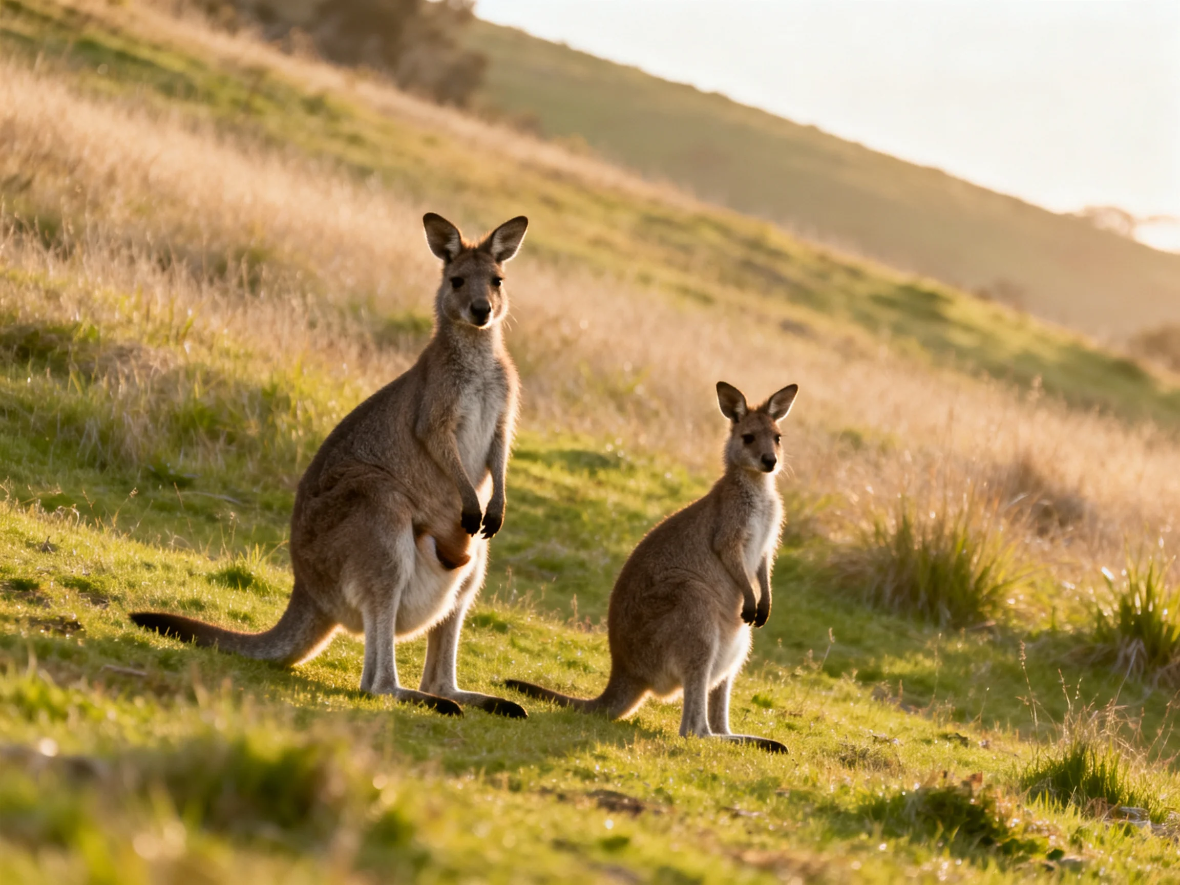 Two tan kangaroos in a sunlit grassy landscape with rolling hills