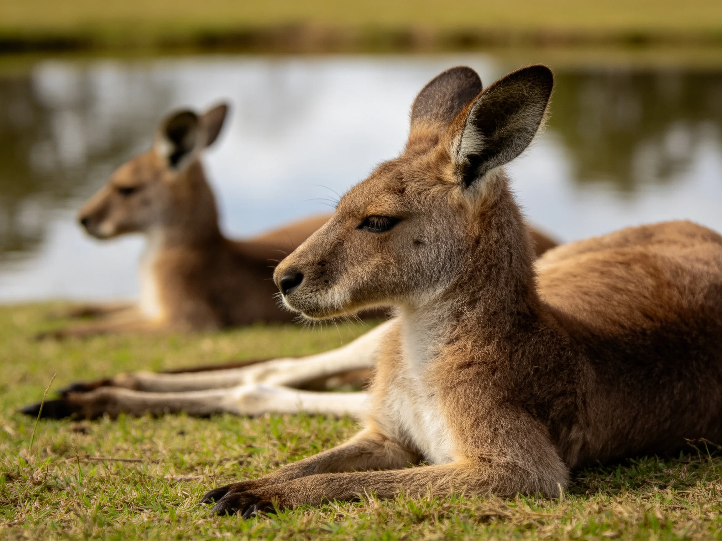 Two tan kangaroos rest on green grass by a calm pond