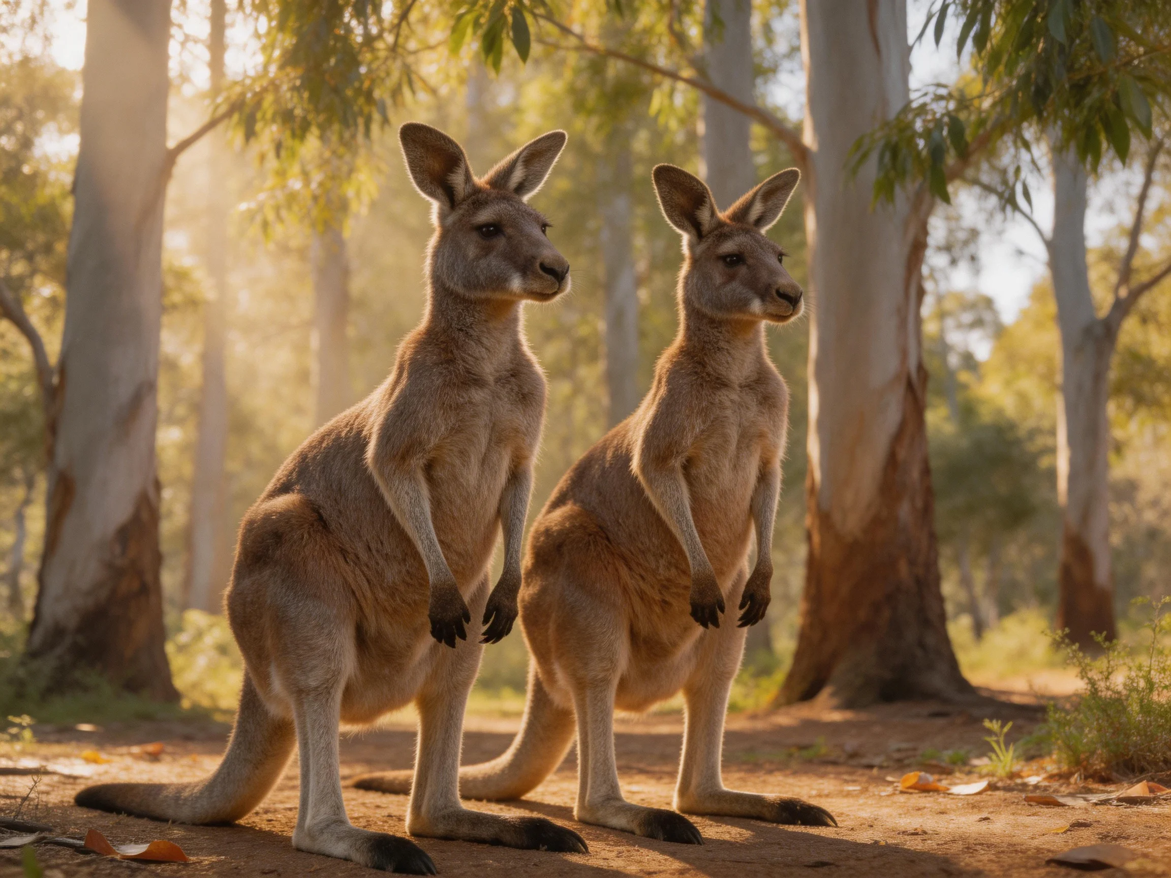Two tan kangaroos stand among tall eucalyptus trees in sunlight