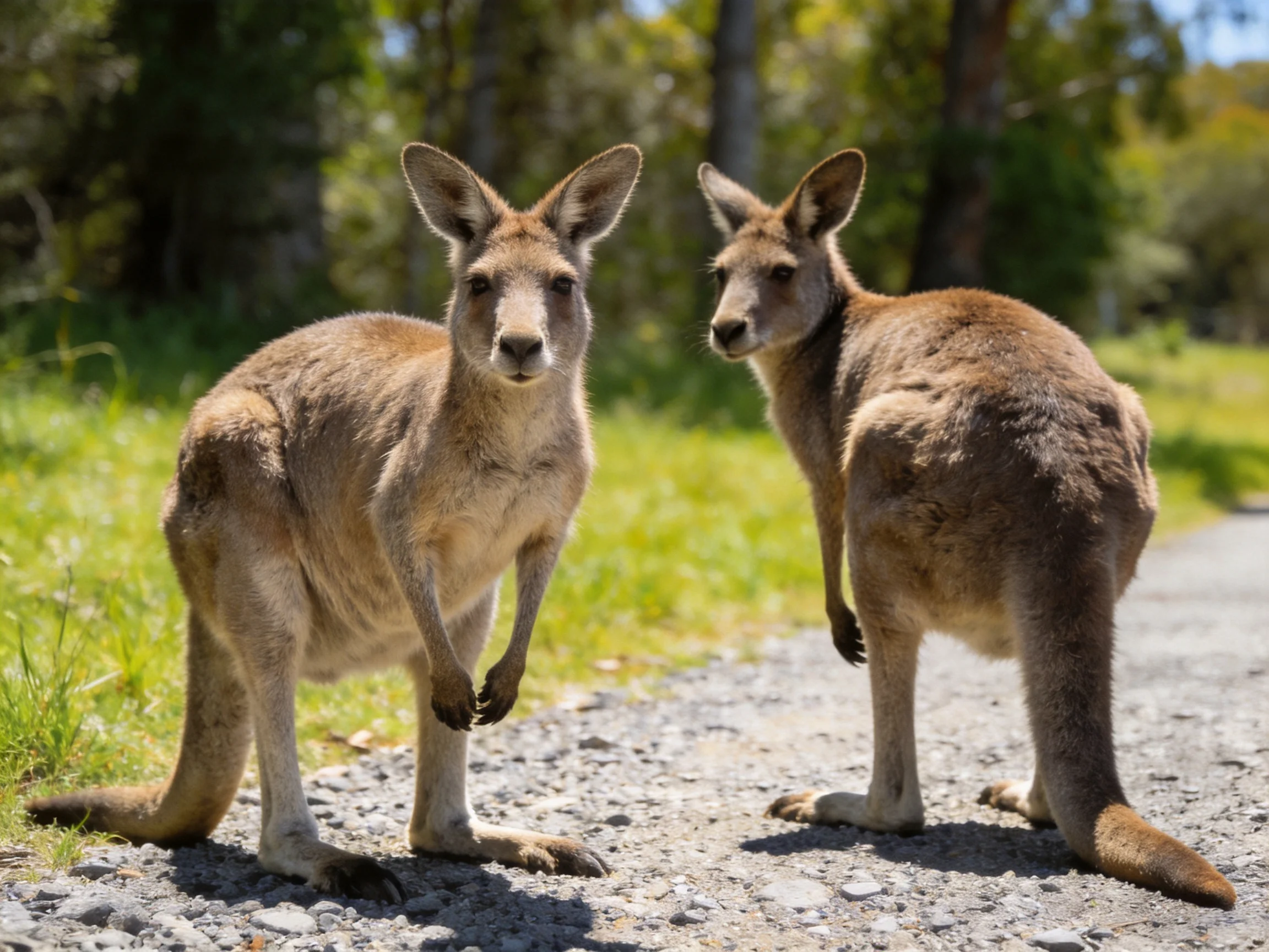 Two tan kangaroos stand on a gravel path near green foliage