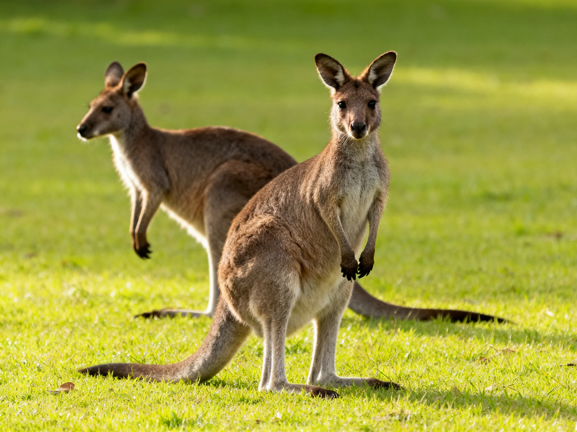 Two tan kangaroos standing on lush green grass