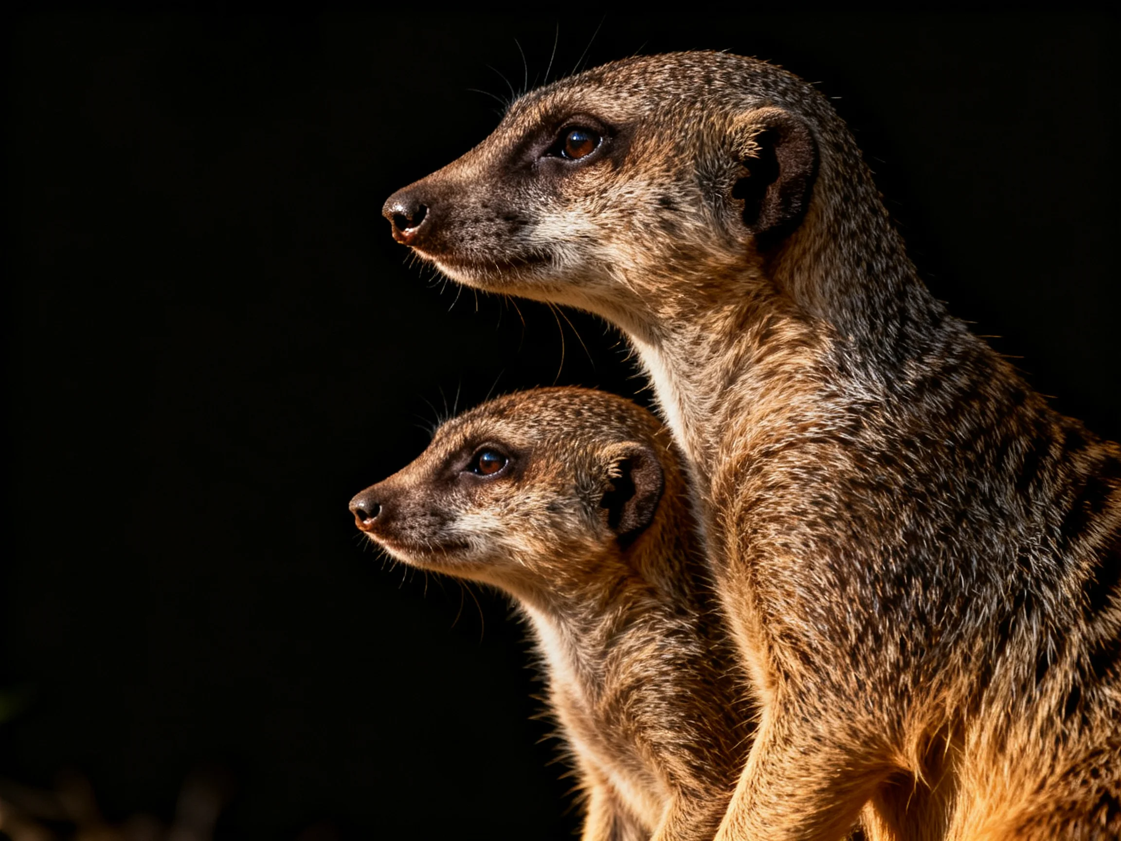 Two tan meerkats stand alert against a dark backdrop