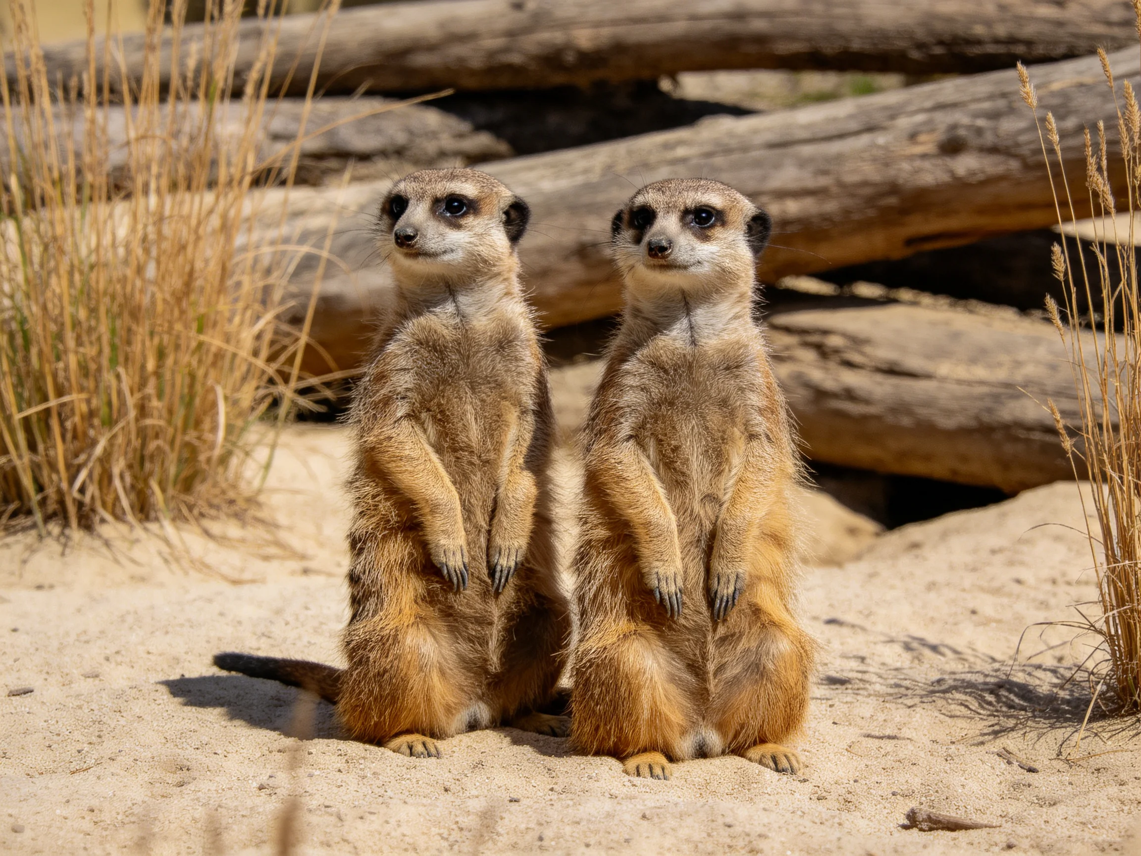 Two tan meerkats stand alert near stacked logs and dry grass