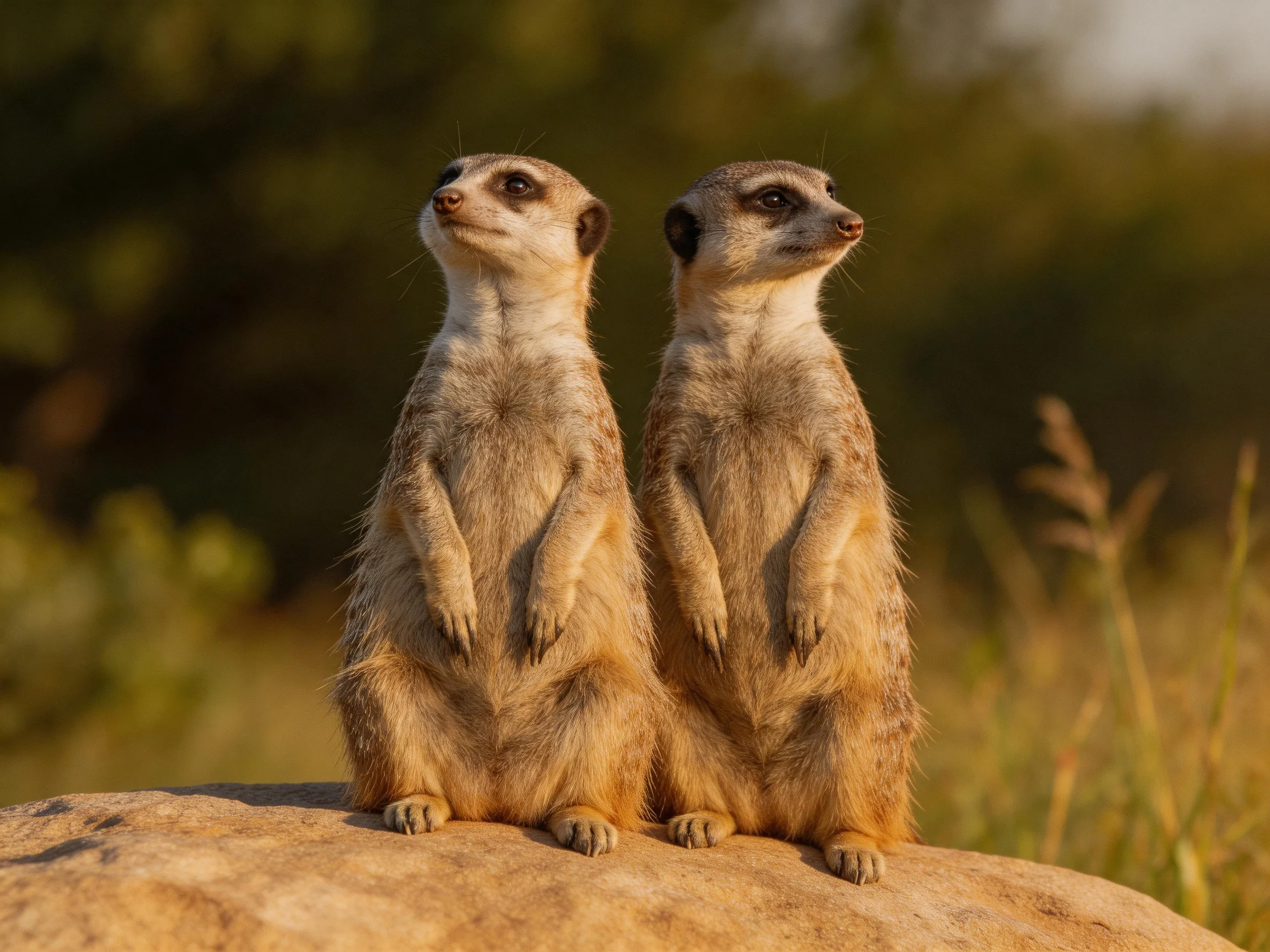 Two tan meerkats stand alert on a large rock in golden sunlight