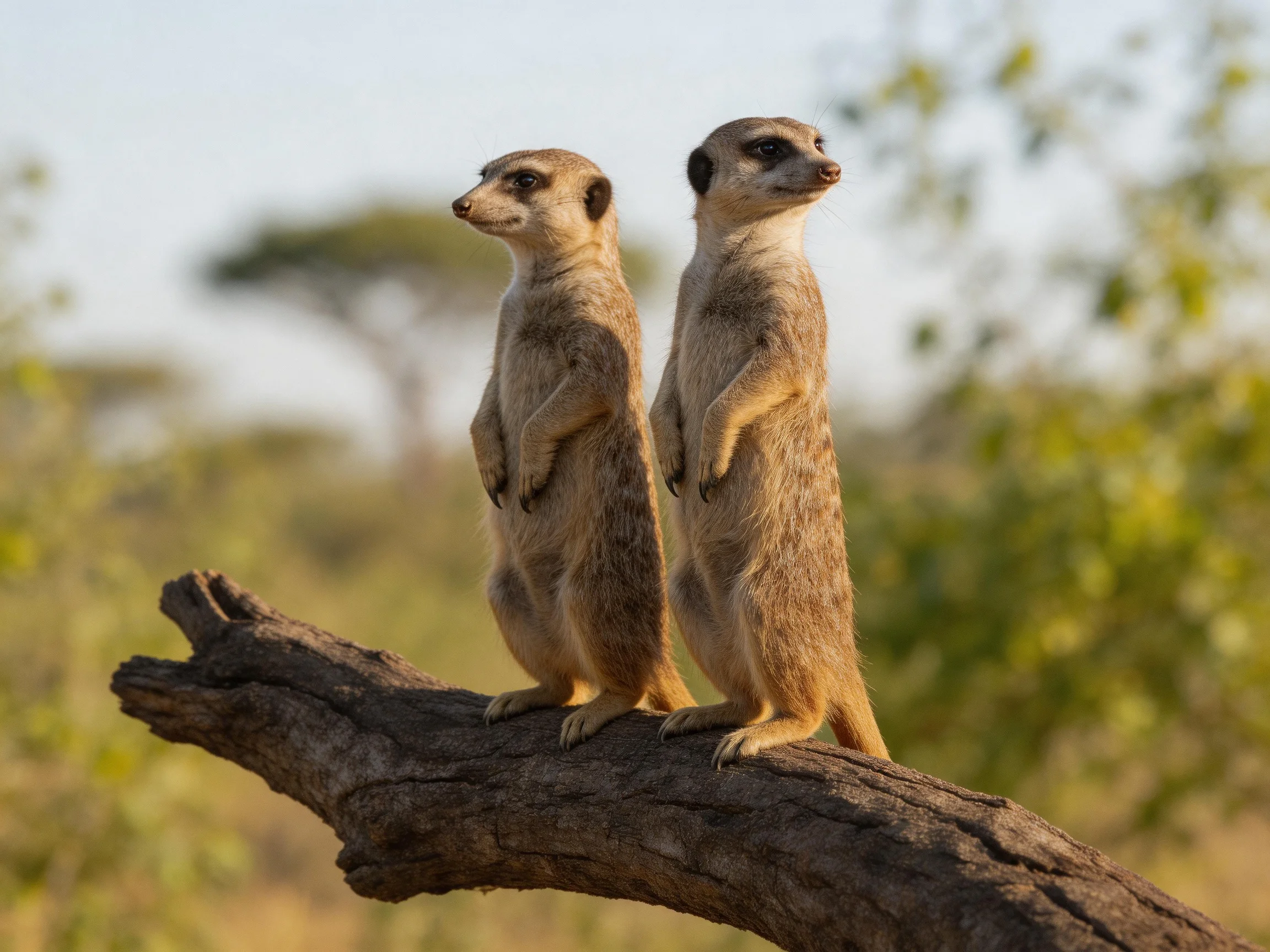Two tan meerkats stand alert on a weathered tree branch