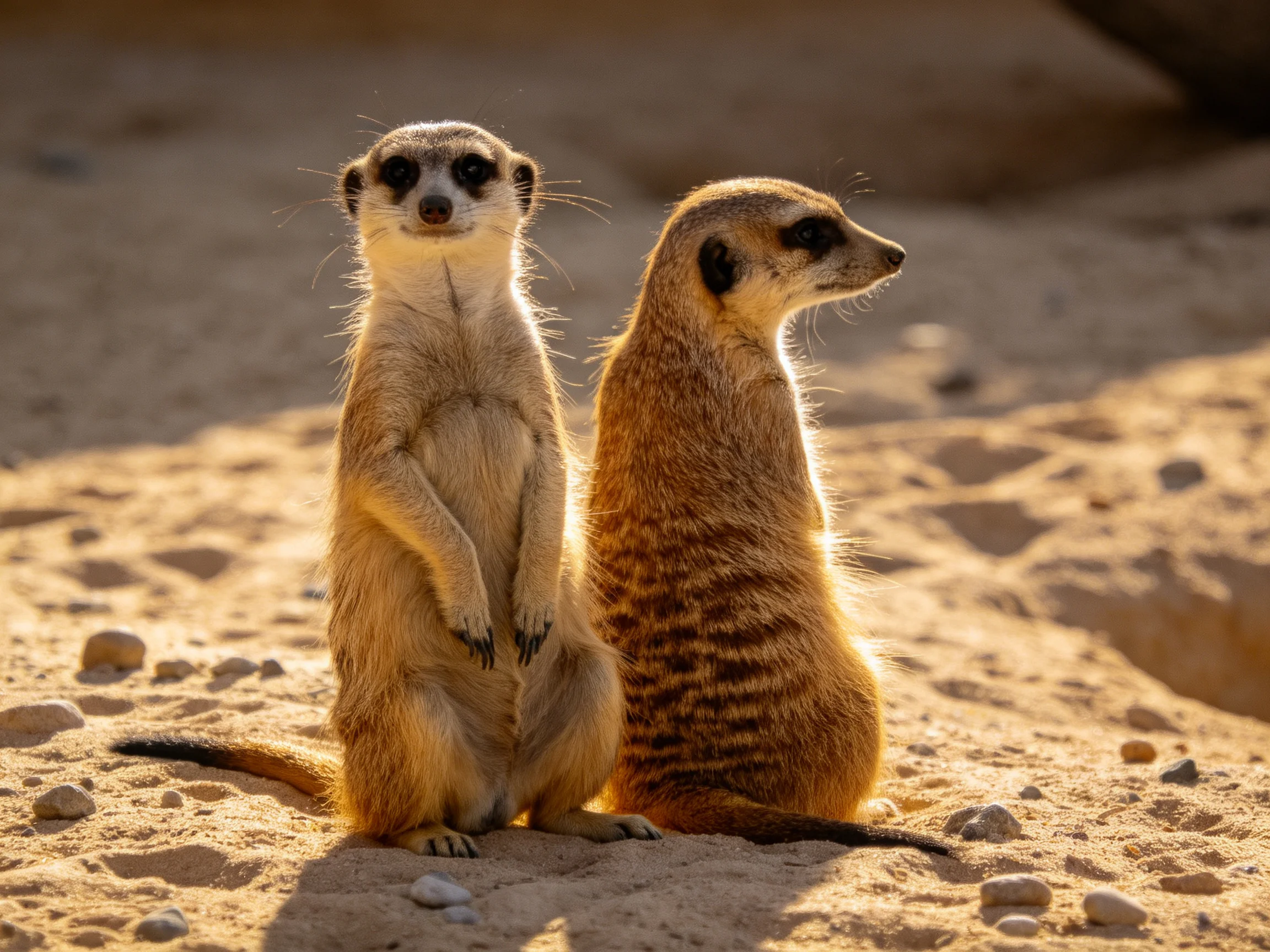 Two tan meerkats stand alert on sunlit sandy terrain