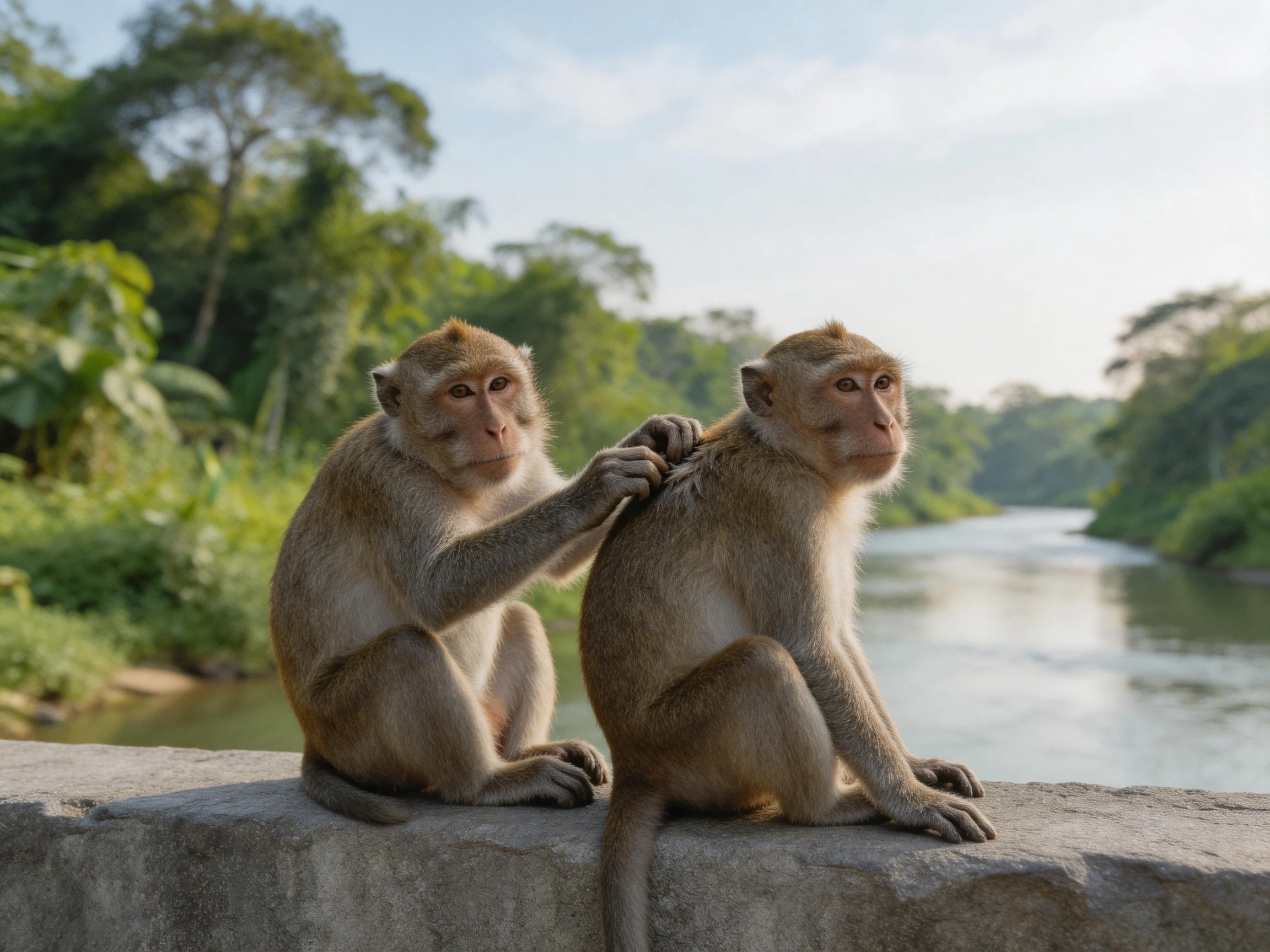 Two tan monkeys grooming on a stone ledge by a calm river