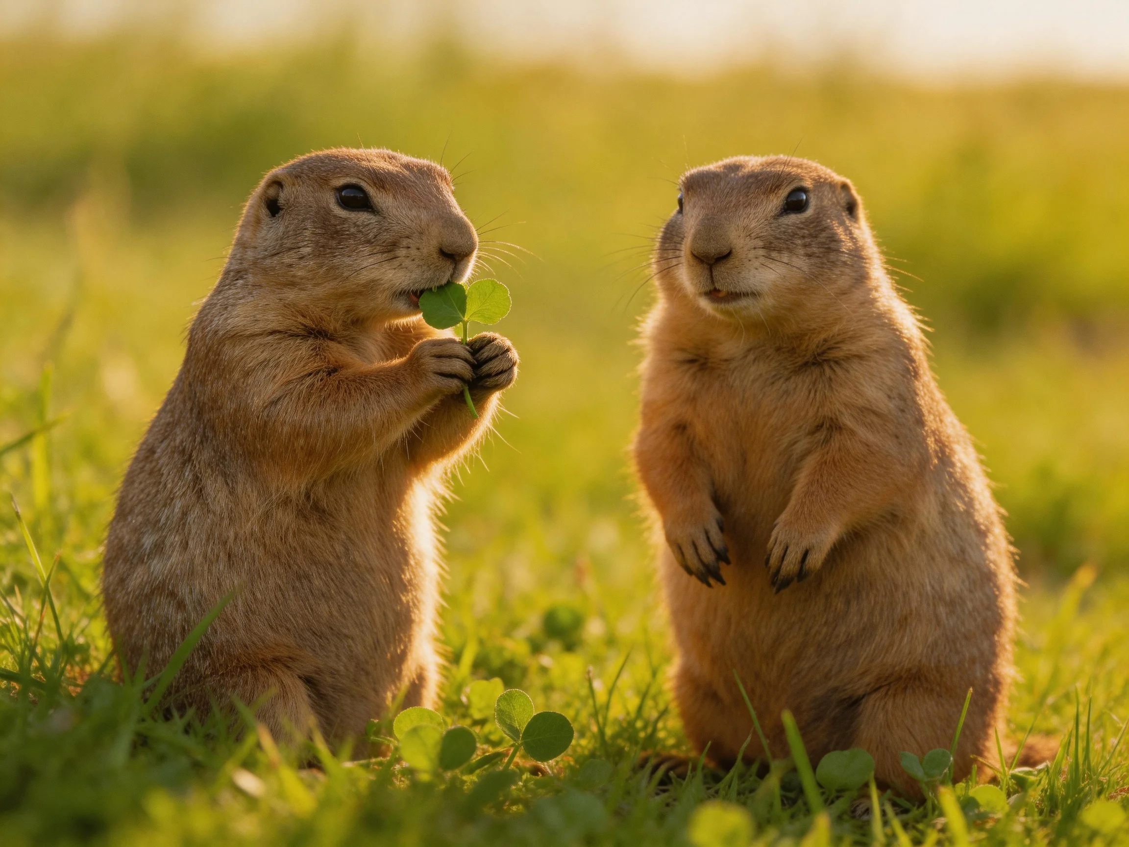 Two tan prairie dogs interact amid lush green grass under golden light