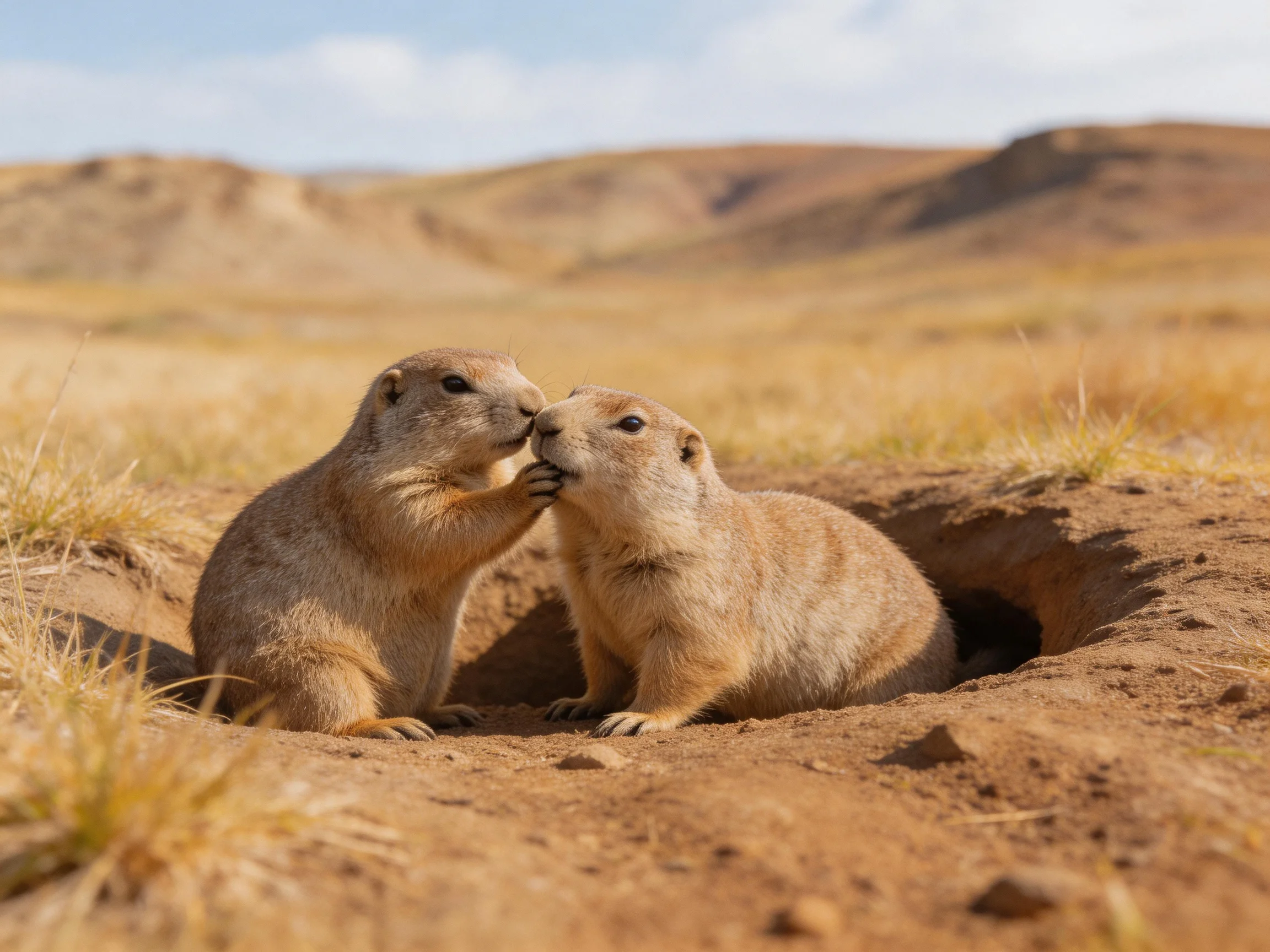 Two tan prairie dogs interact near a dirt burrow in a golden-hued landscape