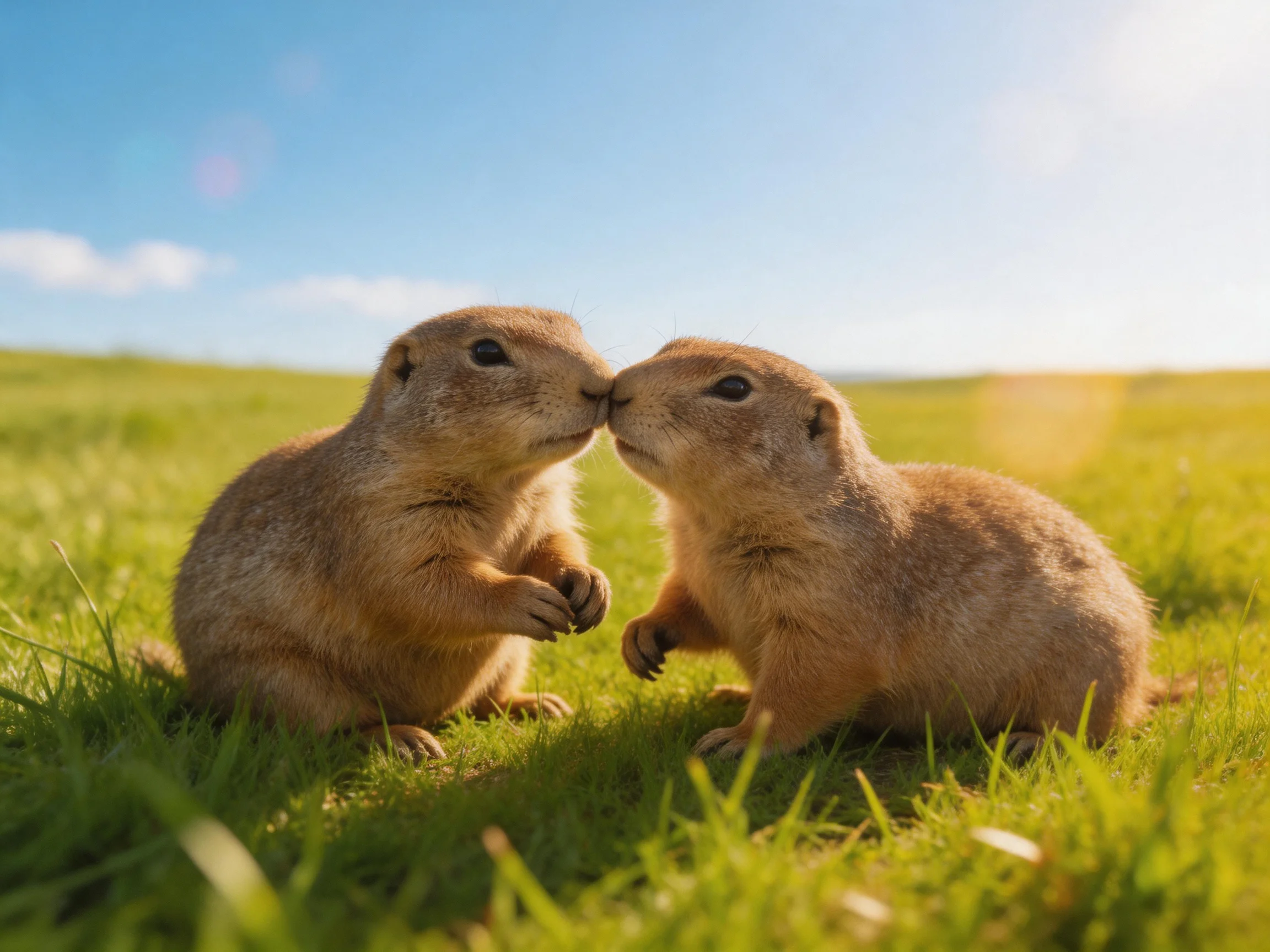 Two tan prairie dogs nuzzling in bright green grass under clear blue sky