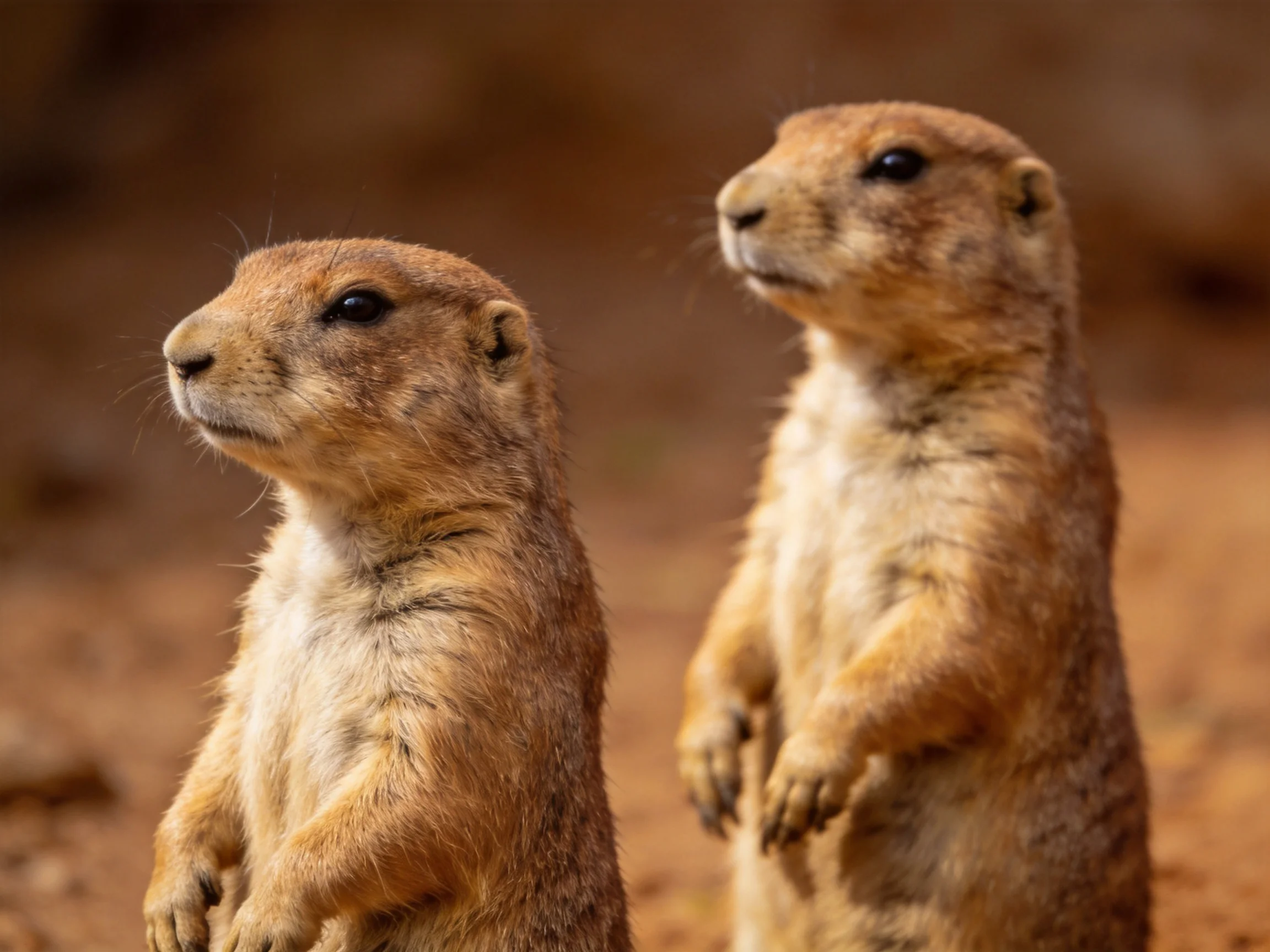 Two tan prairie dogs stand on earthy terrain