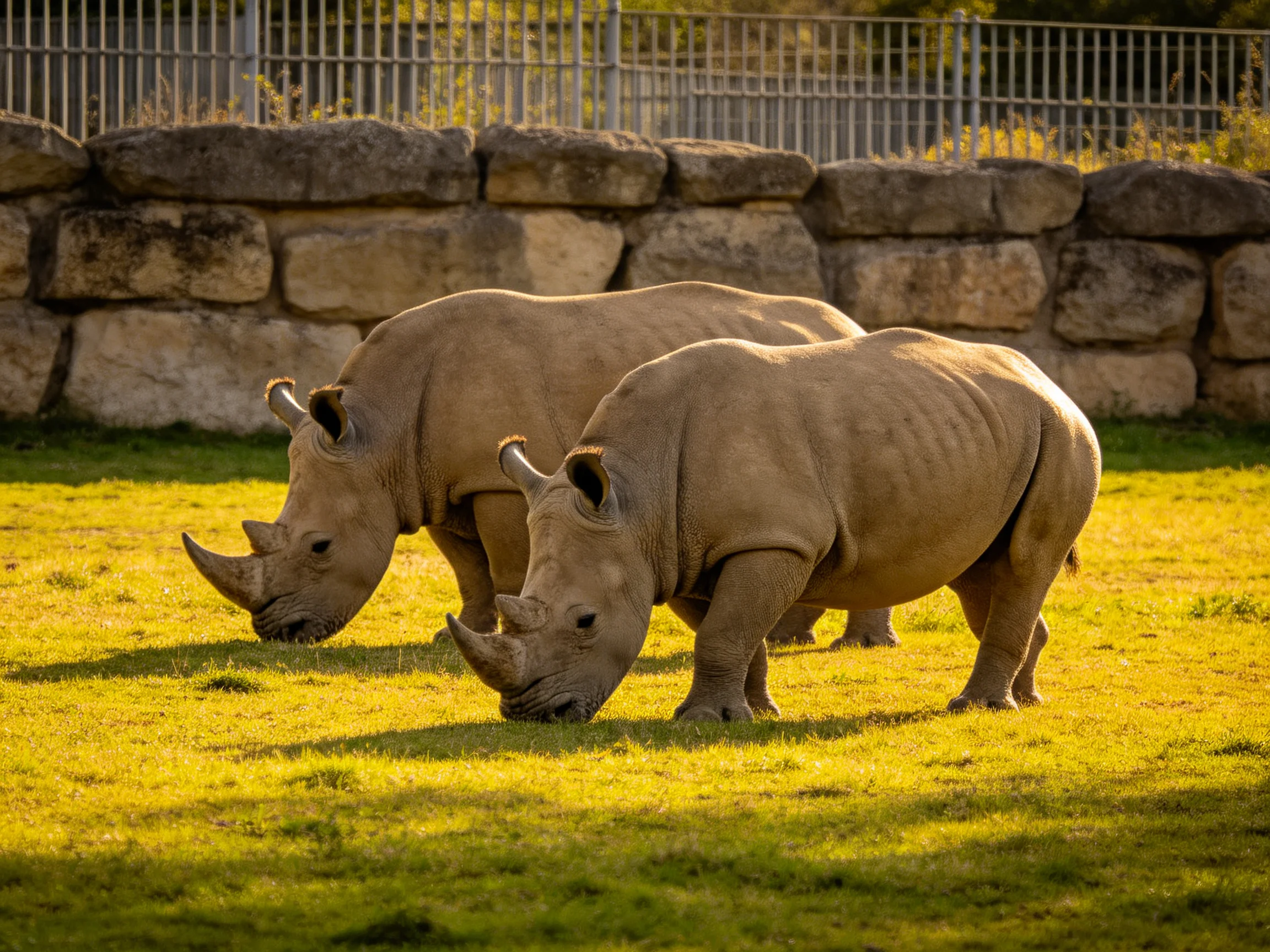 Two tan rhinoceroses graze near a stone wall in a sunlit enclosure