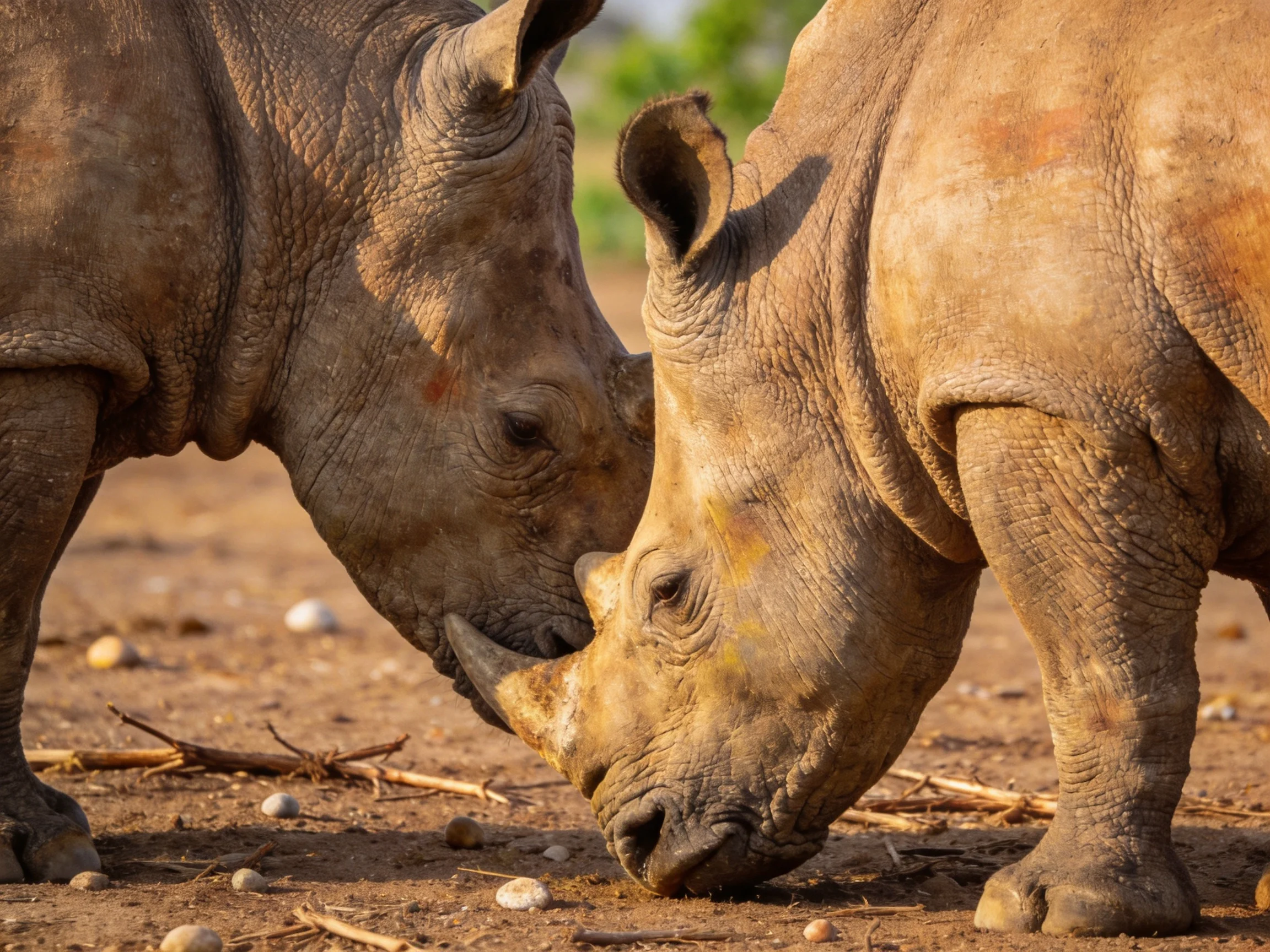 Two tan rhinoceroses nuzzling closely in an open area