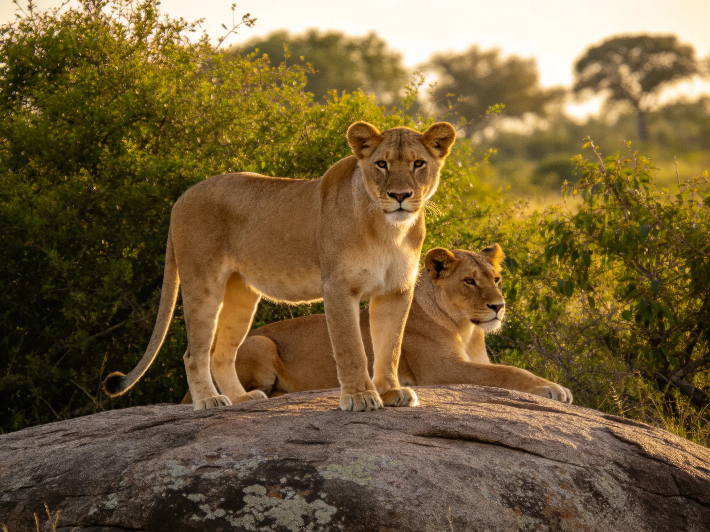 Two tawny lionesses on a large rock amid dense green foliage