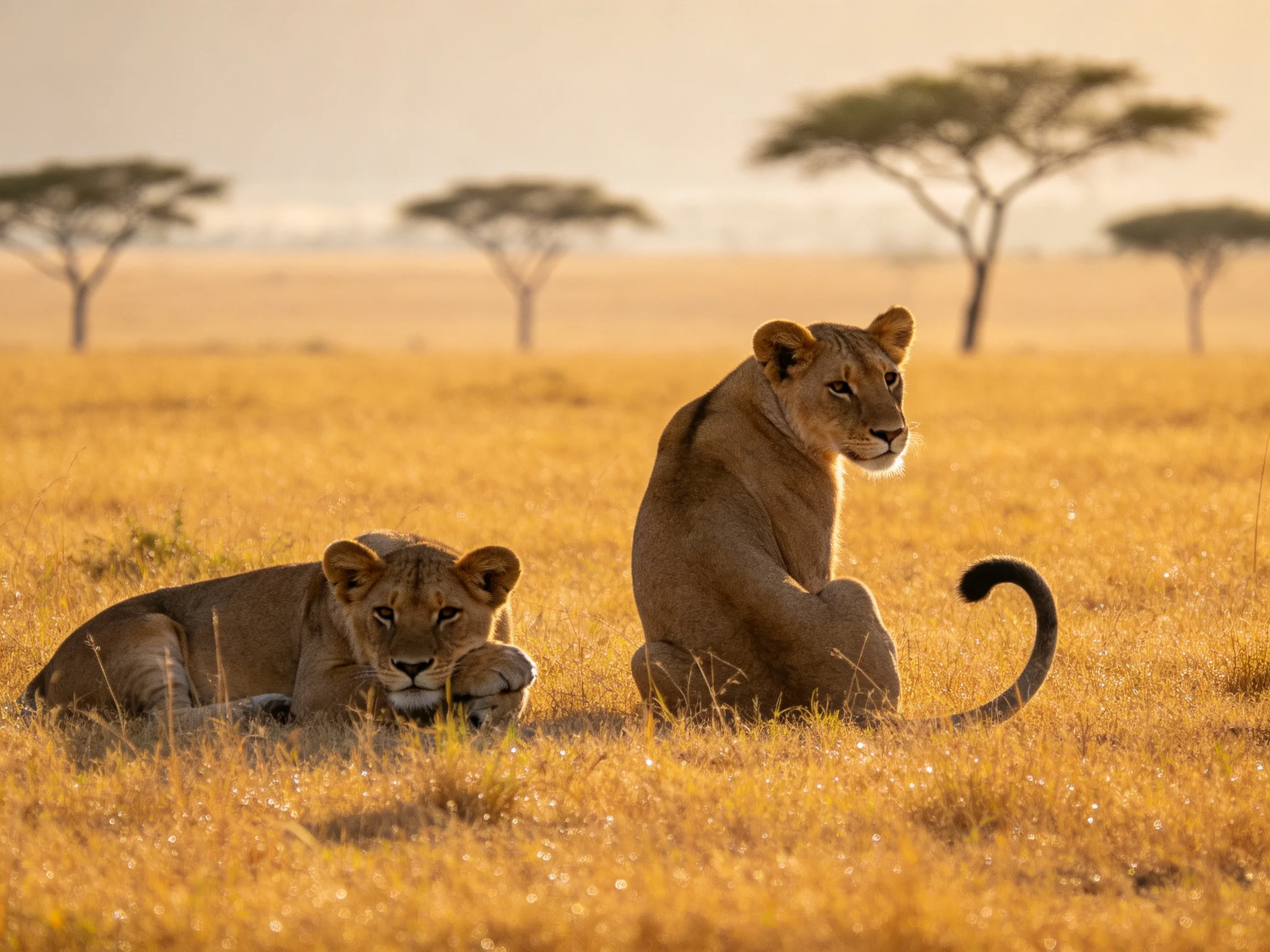 Two tawny lionesses rest in a golden savannah with scattered acacia trees