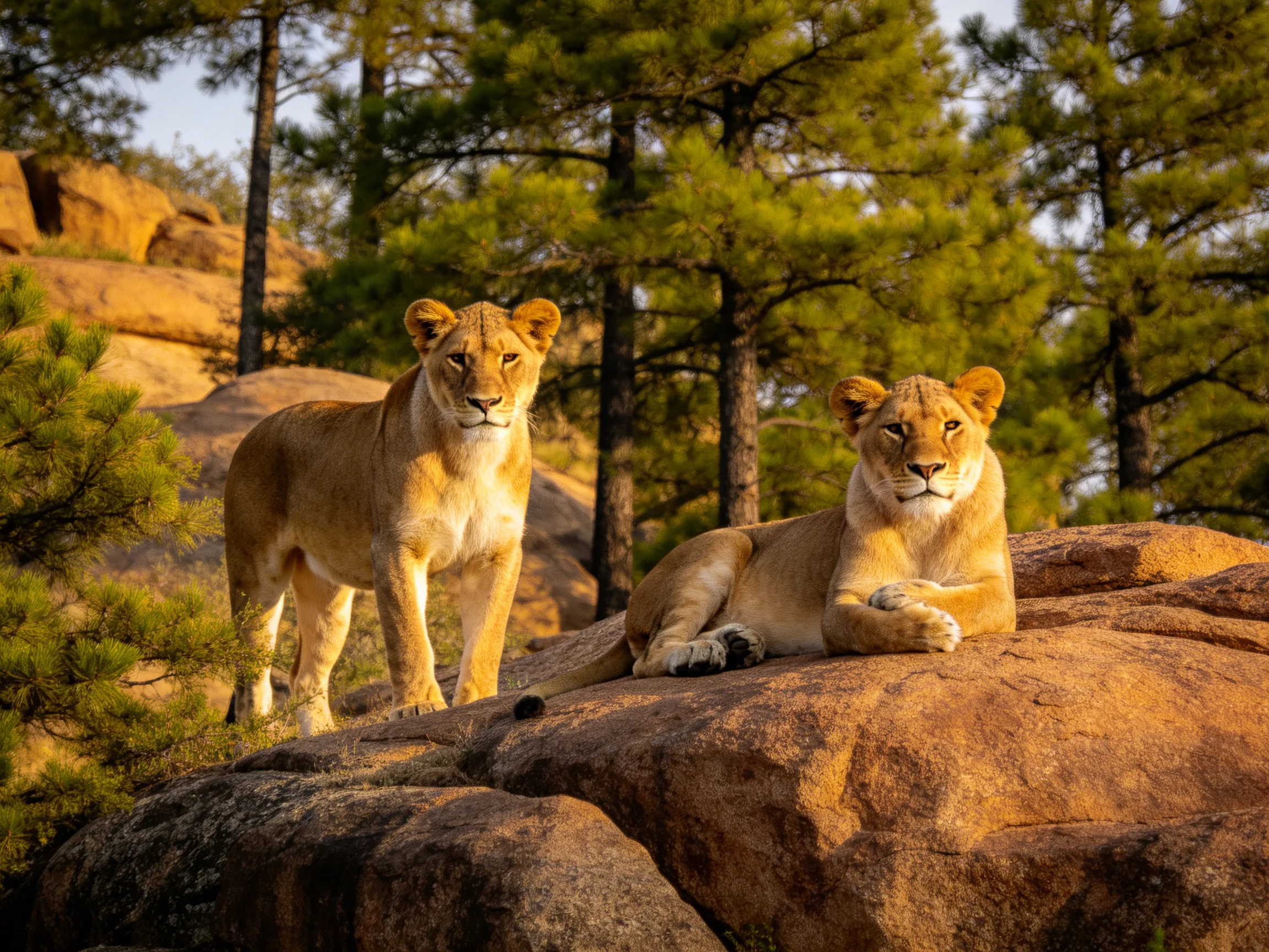 Two tawny lionesses rest on sun-warmed rocks amid pine trees
