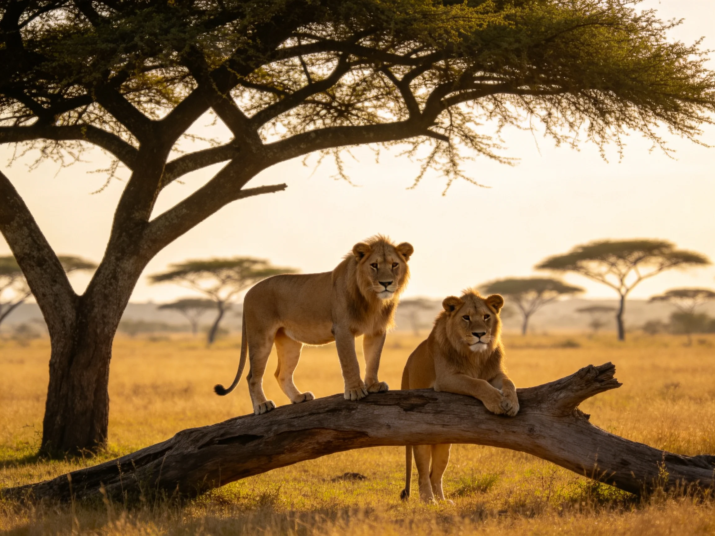Two tawny lions atop a fallen log beneath an acacia tree