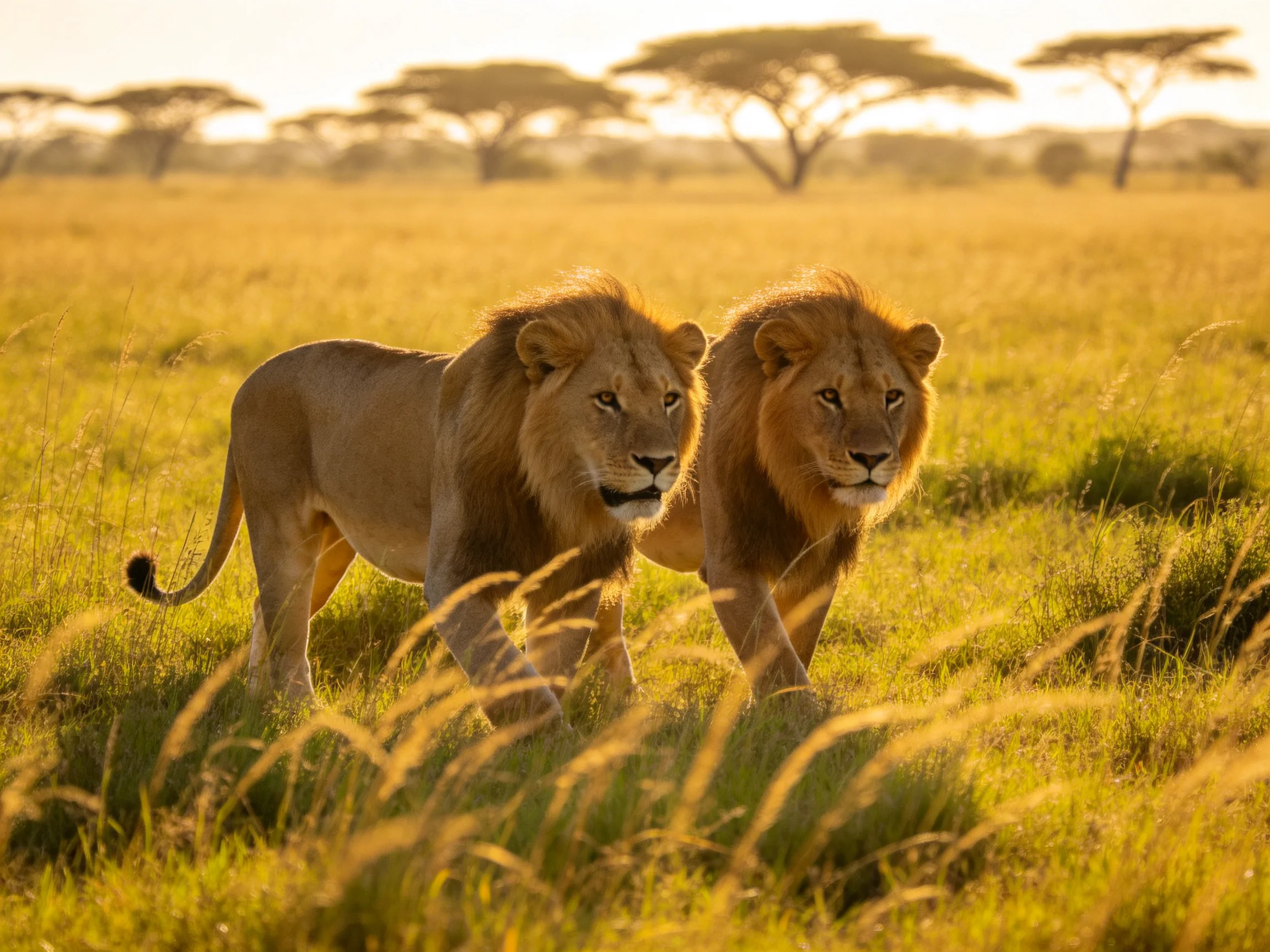 Two tawny lions stride through a sunlit savannah