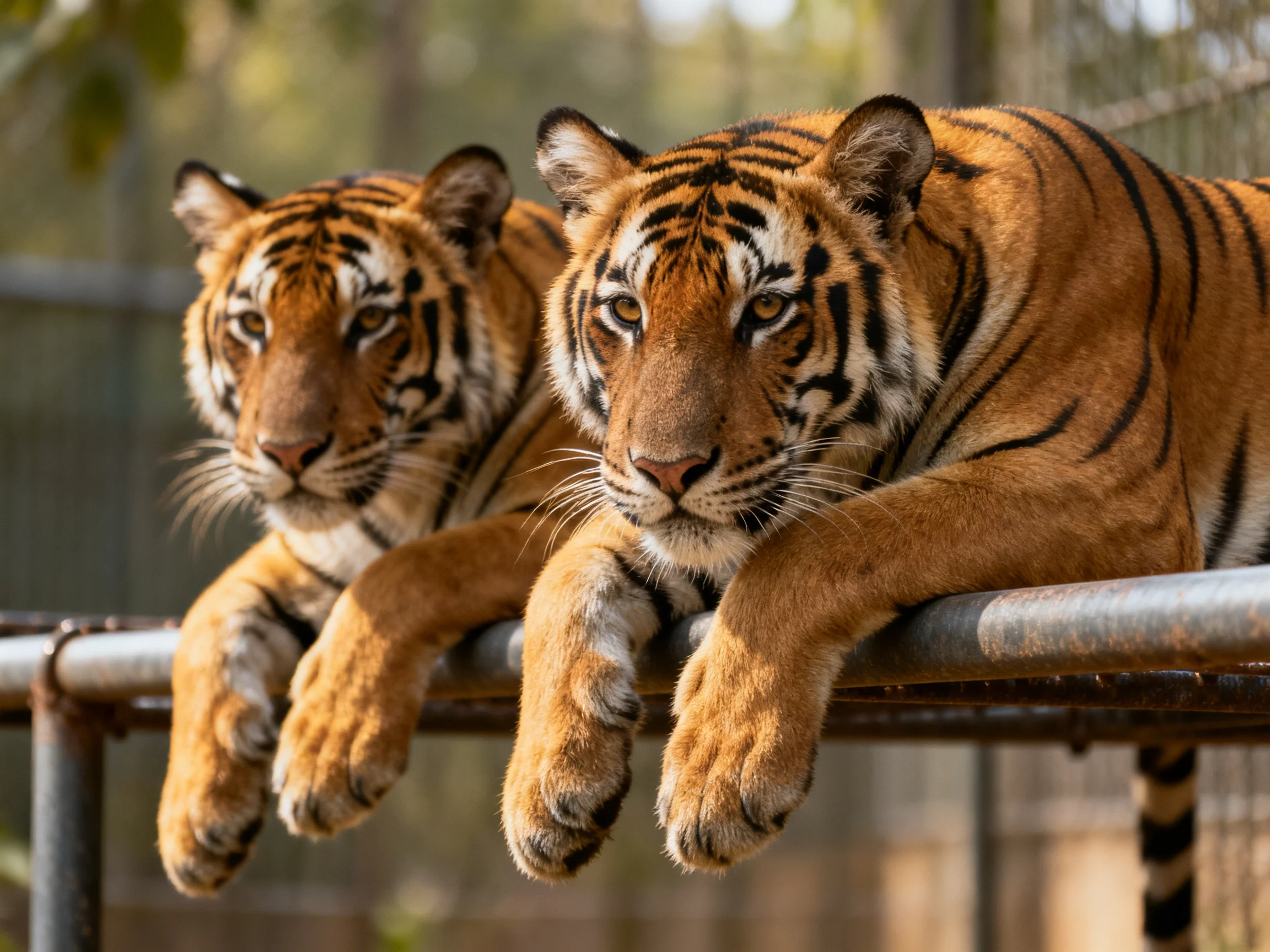 Two tigers with striking black stripes rest on a metal structure outdoors