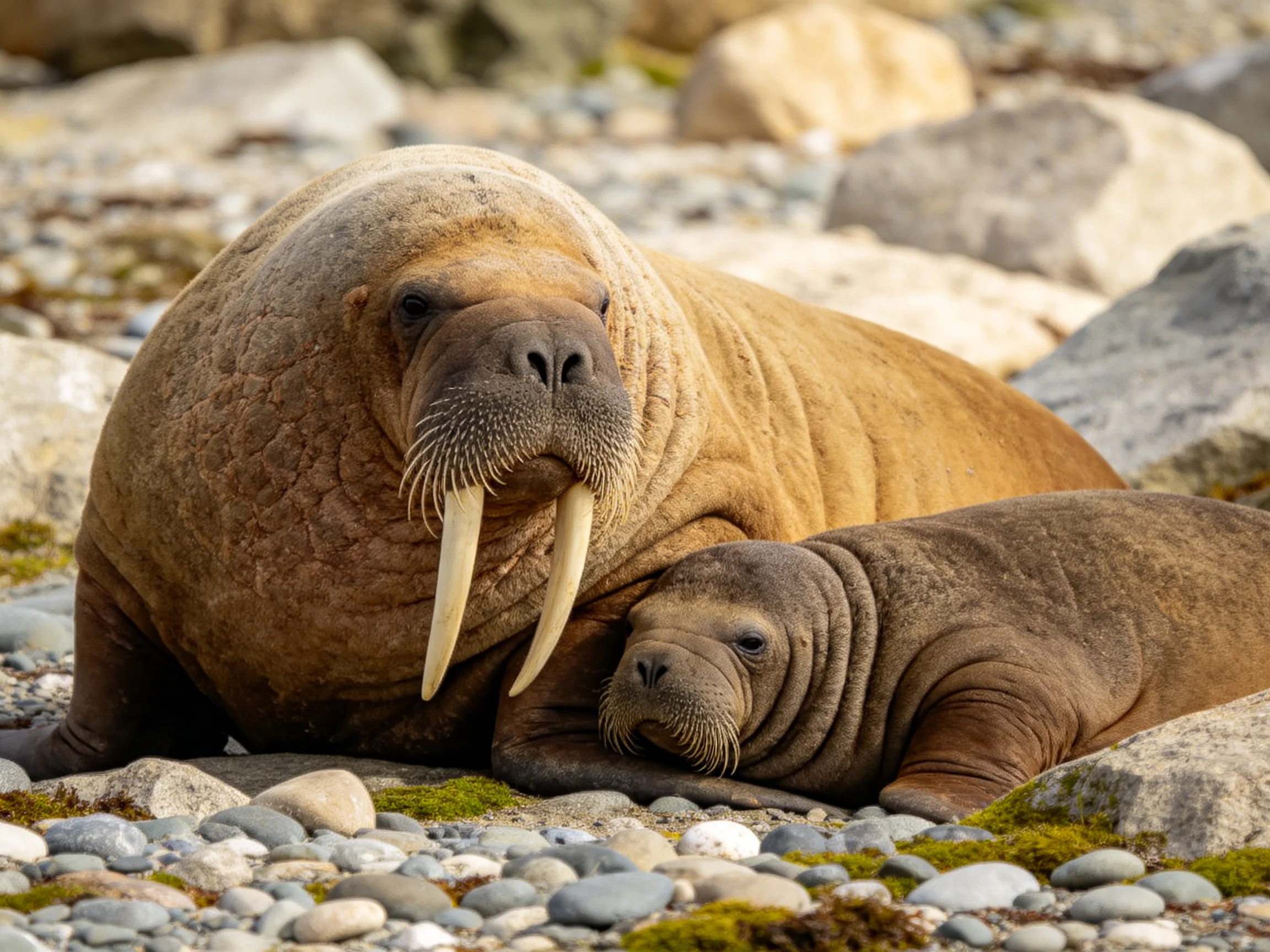 Two walruses, one large and one small, rest near large gray rocks on a rocky shore