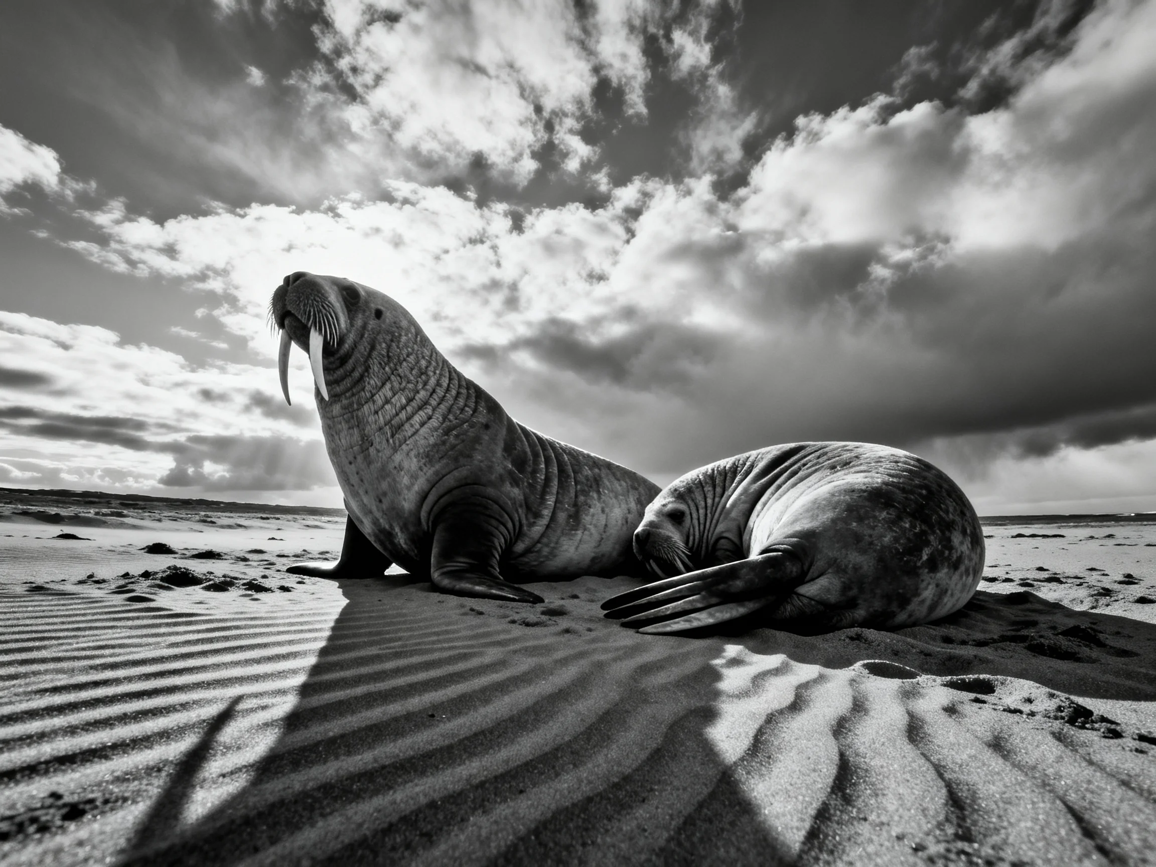 Two walruses rest on rippled sand beneath dramatic cloudy skies