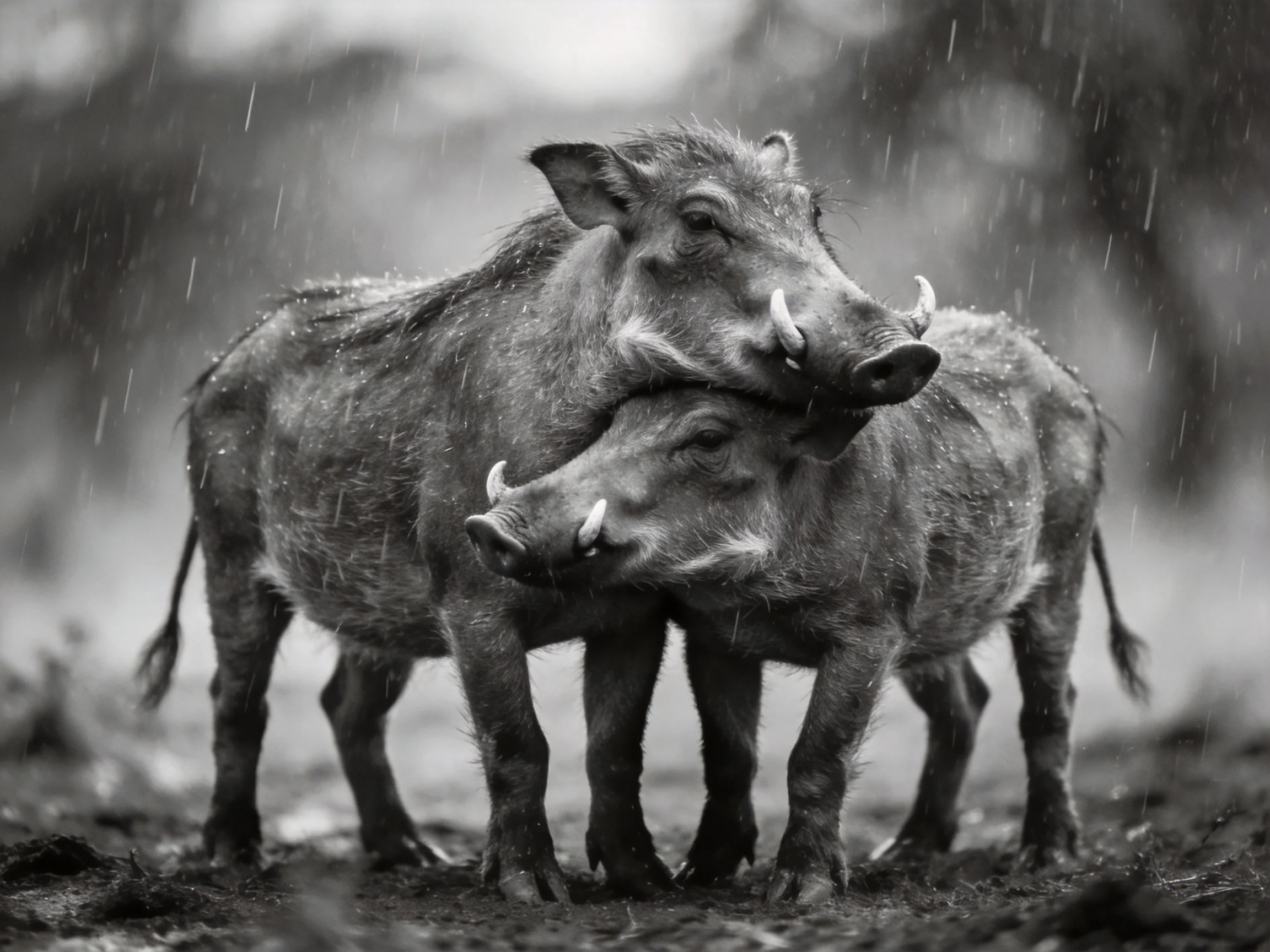 Two warthogs nuzzle closely in a rainy, monochrome landscape