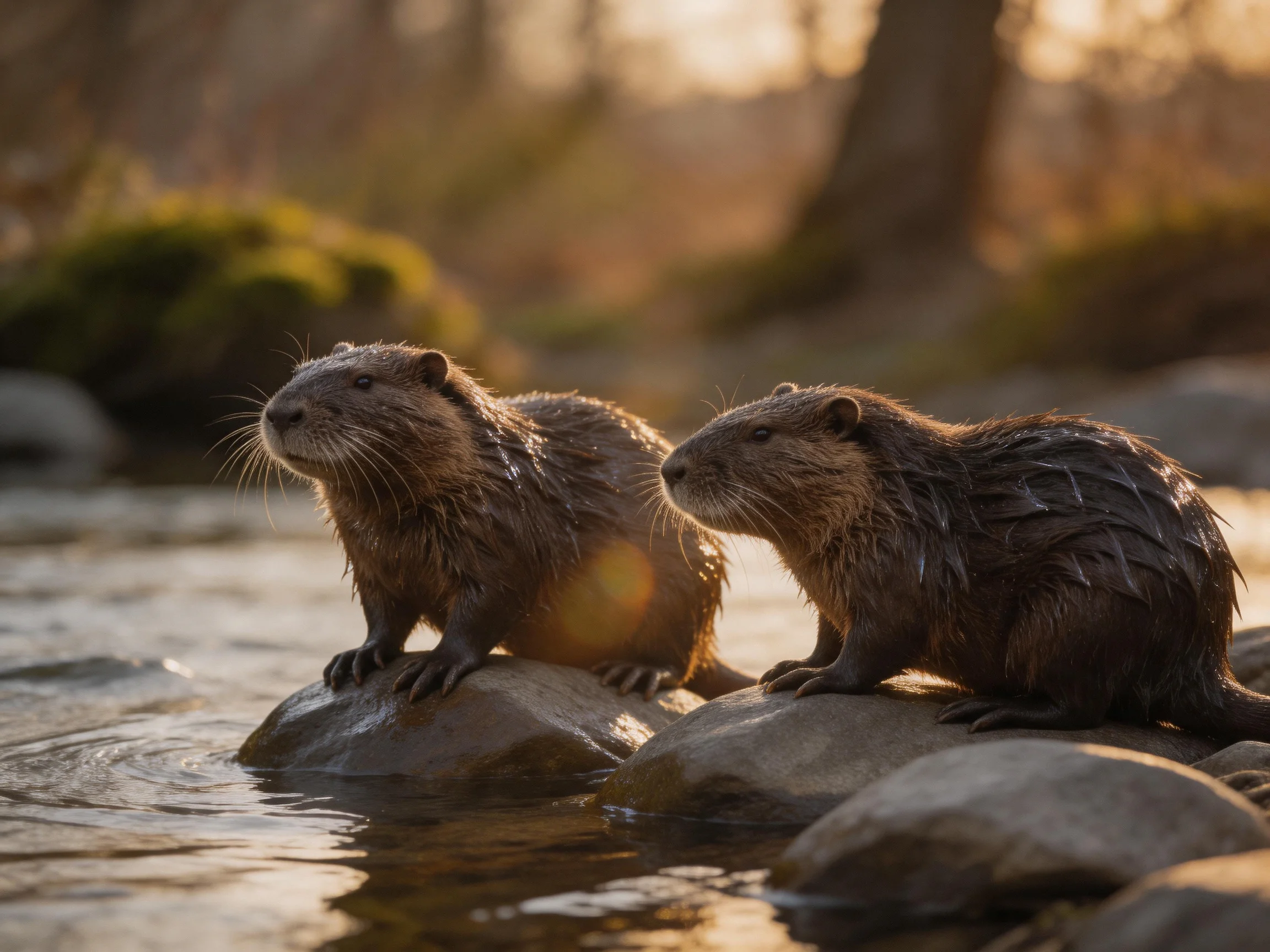Two wet brown muskrats stand on rocks by a stream