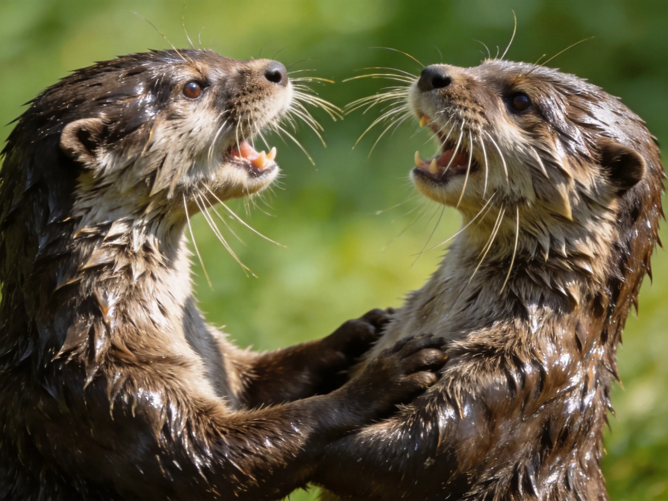 Two wet otters playfully interact with open mouths and extended paws