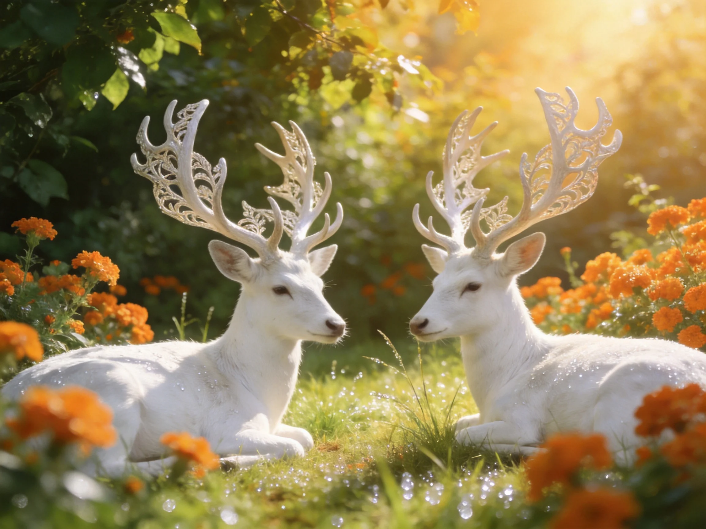Two white deer with ornate antlers among vibrant orange flowers