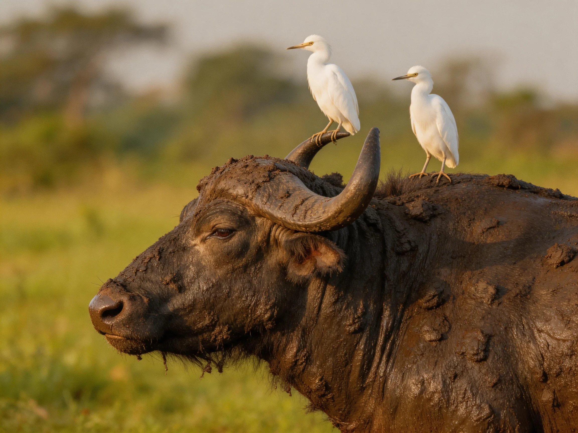Two white egrets perch on a mud-covered buffalo in a grassy savanna
