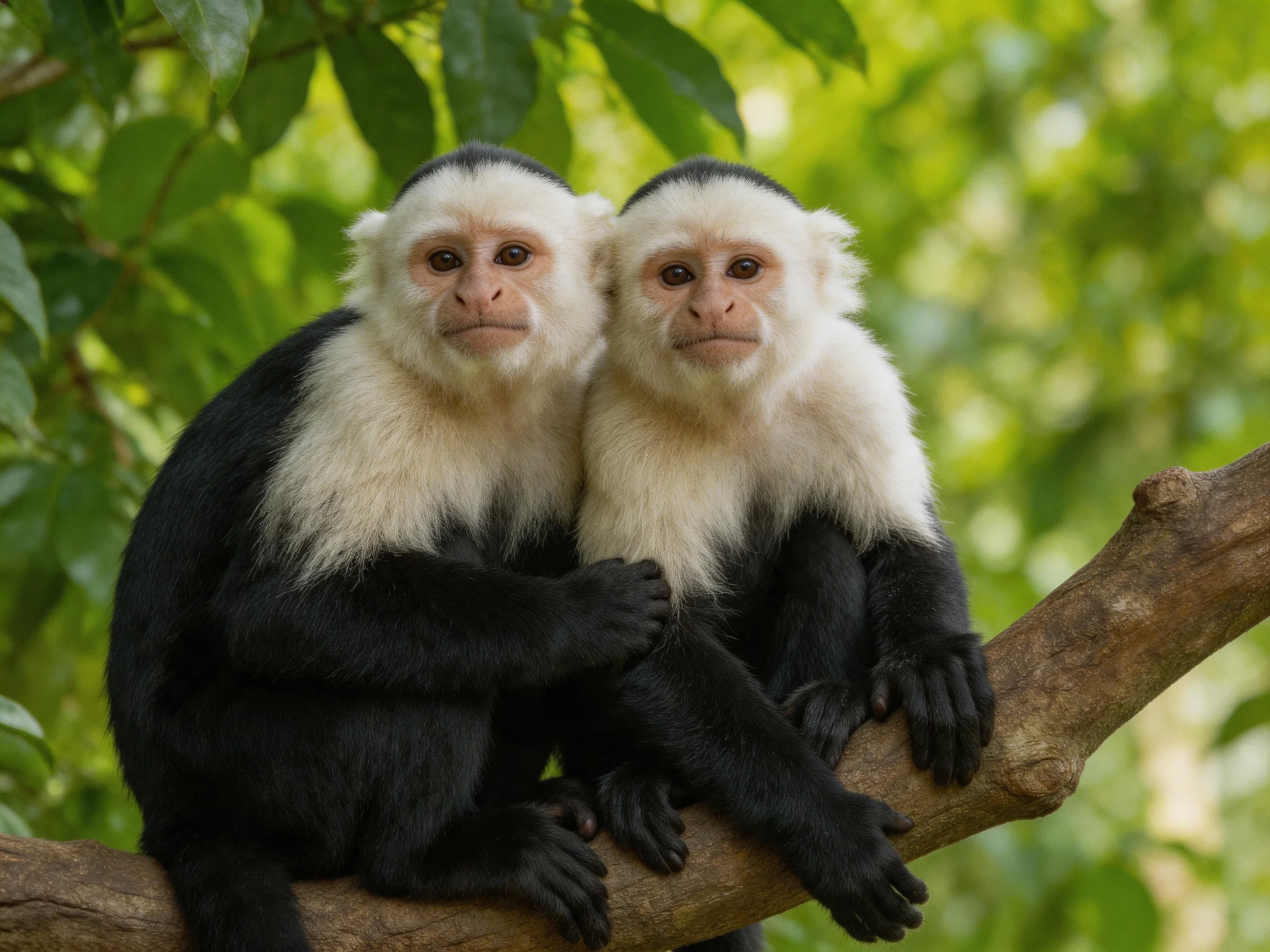 Two white-faced black monkeys sit closely on a tree branch