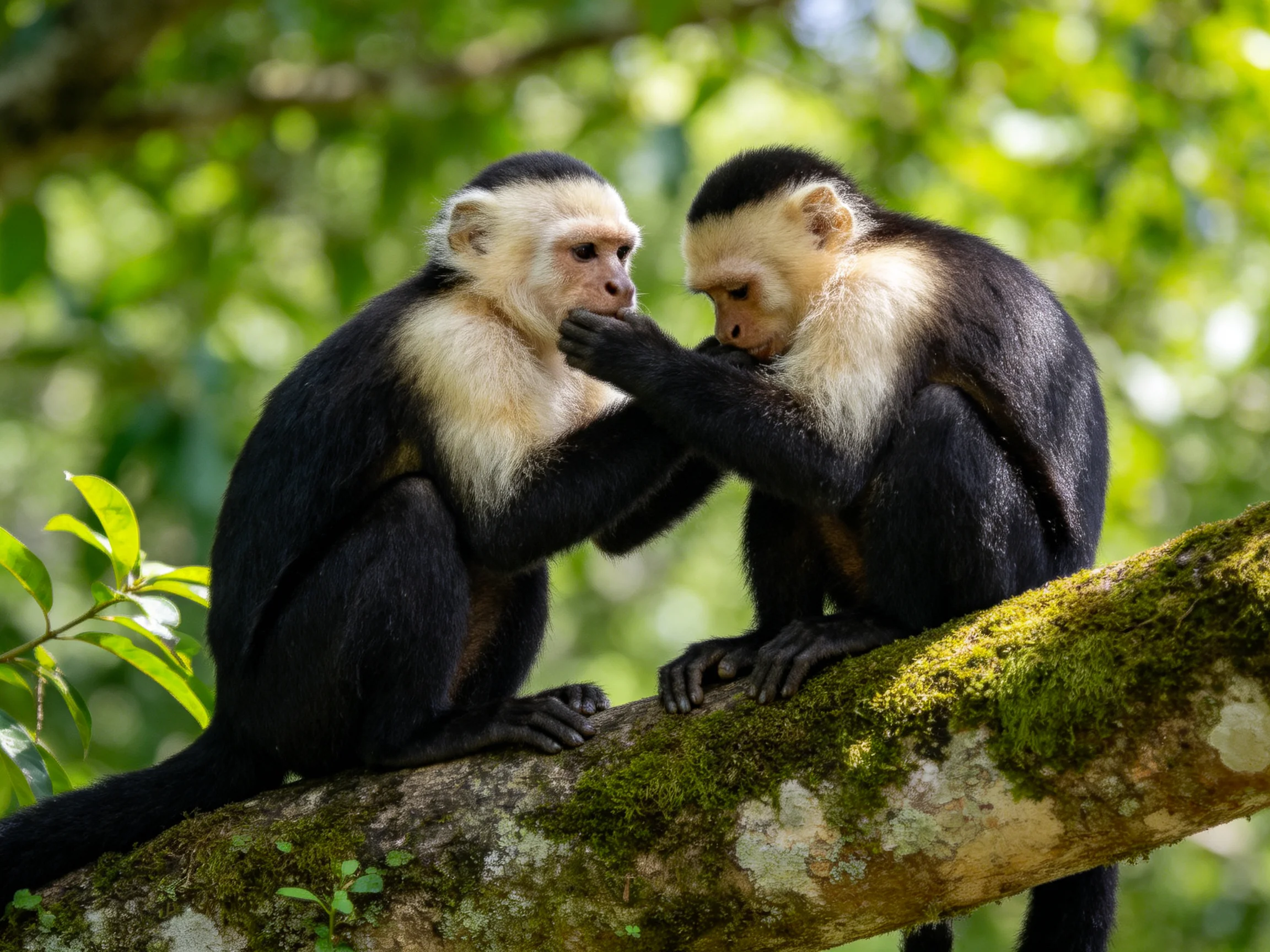 Two white-faced monkeys grooming on a mossy tree branch