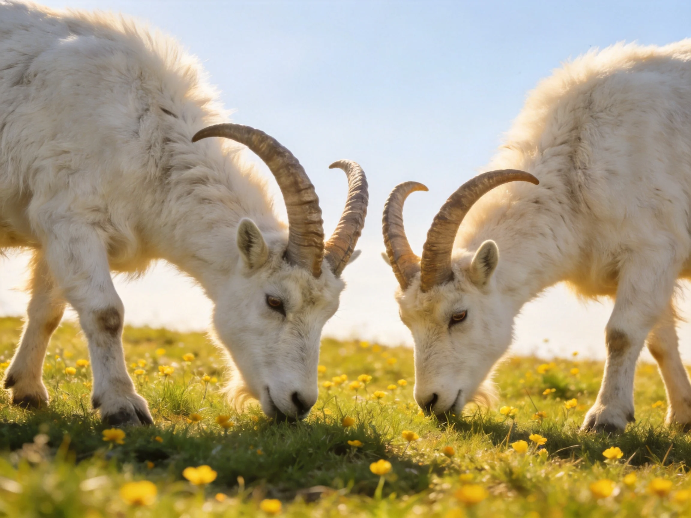 Two white horned goats graze among yellow wildflowers on a sunny meadow